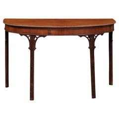 English Mahogany Chippendale Demilune Console Table with Carved Foliage Detail