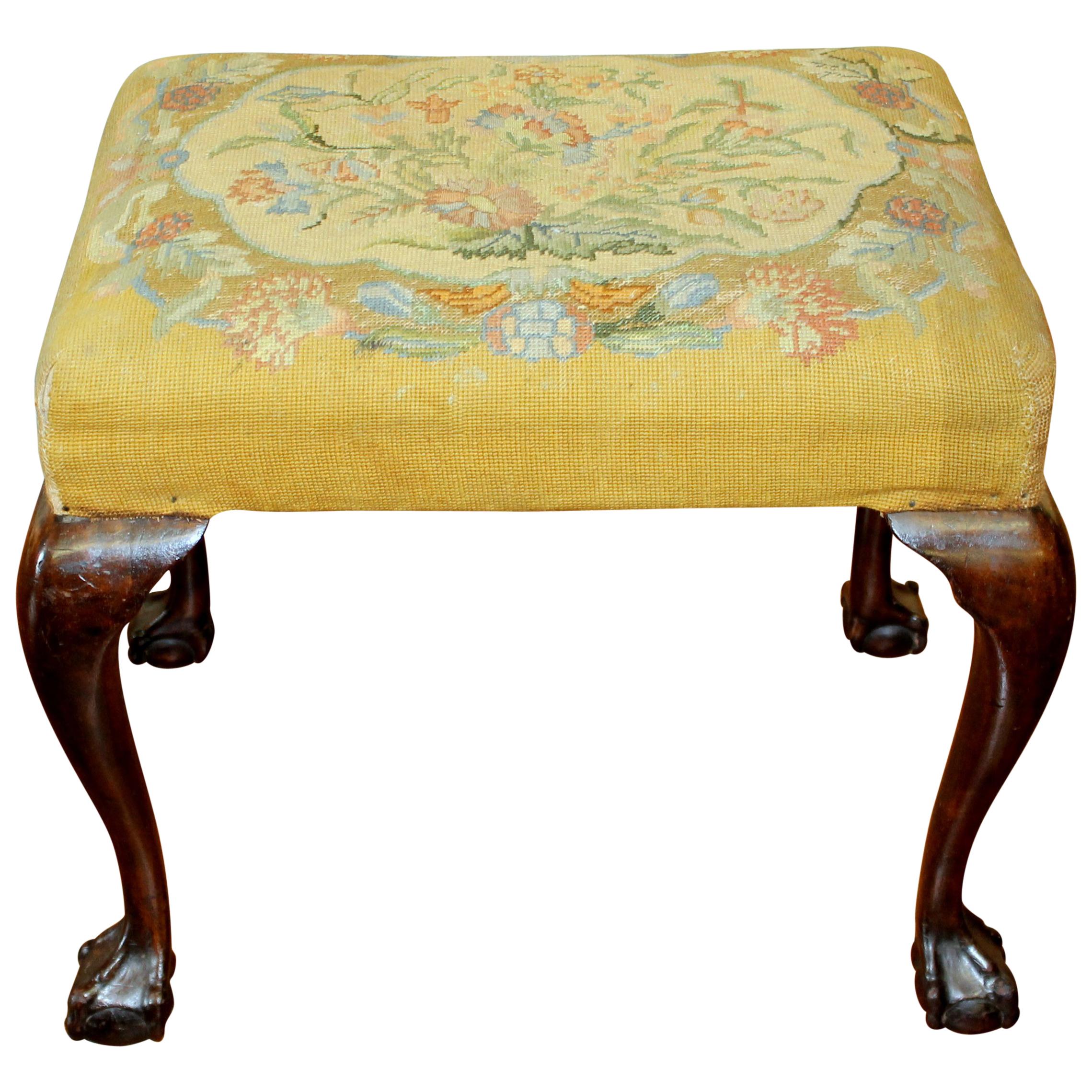 English Mahogany Chippendale Style Bench with Old Needlepoint Upholstery
