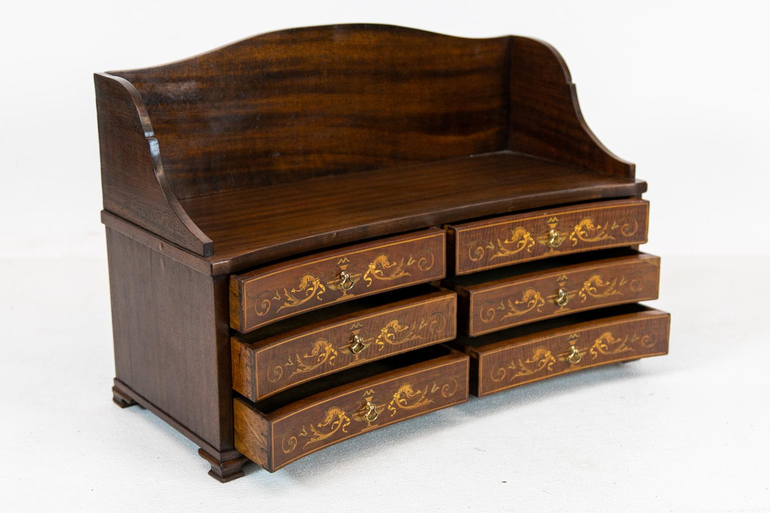 Boxwood English Mahogany Concave Inlaid Countertop Chest For Sale