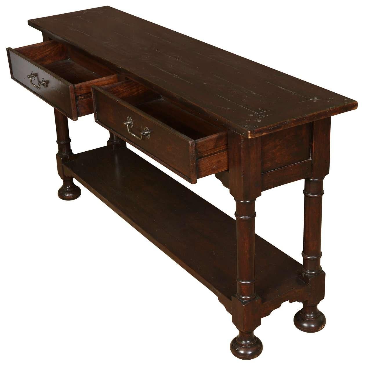 A classic English mahogany console table from the early 1900s, featuring a rich, deep finish and traditional craftsmanship. The table includes two drawers with brass bail pulls, turned legs, and a lower shelf for added storage or display.