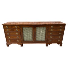 English Mahogany Credenza with Drawer Ends and Wire Work Doors in Middle