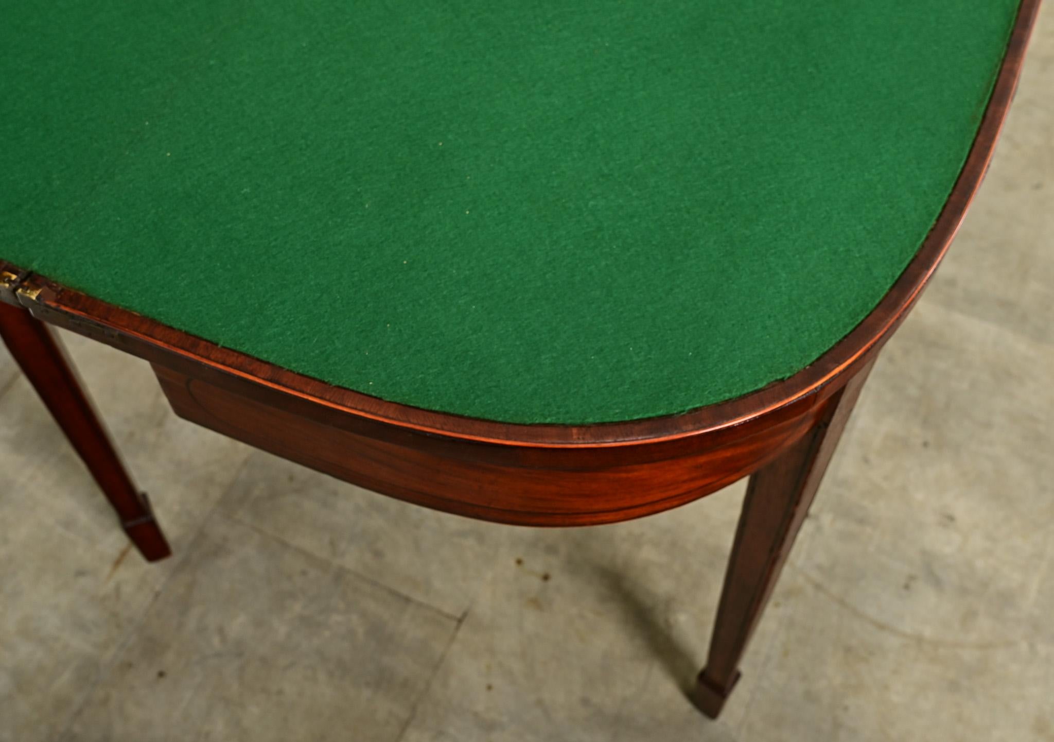 Felt English Mahogany Demilune Console Game Table For Sale