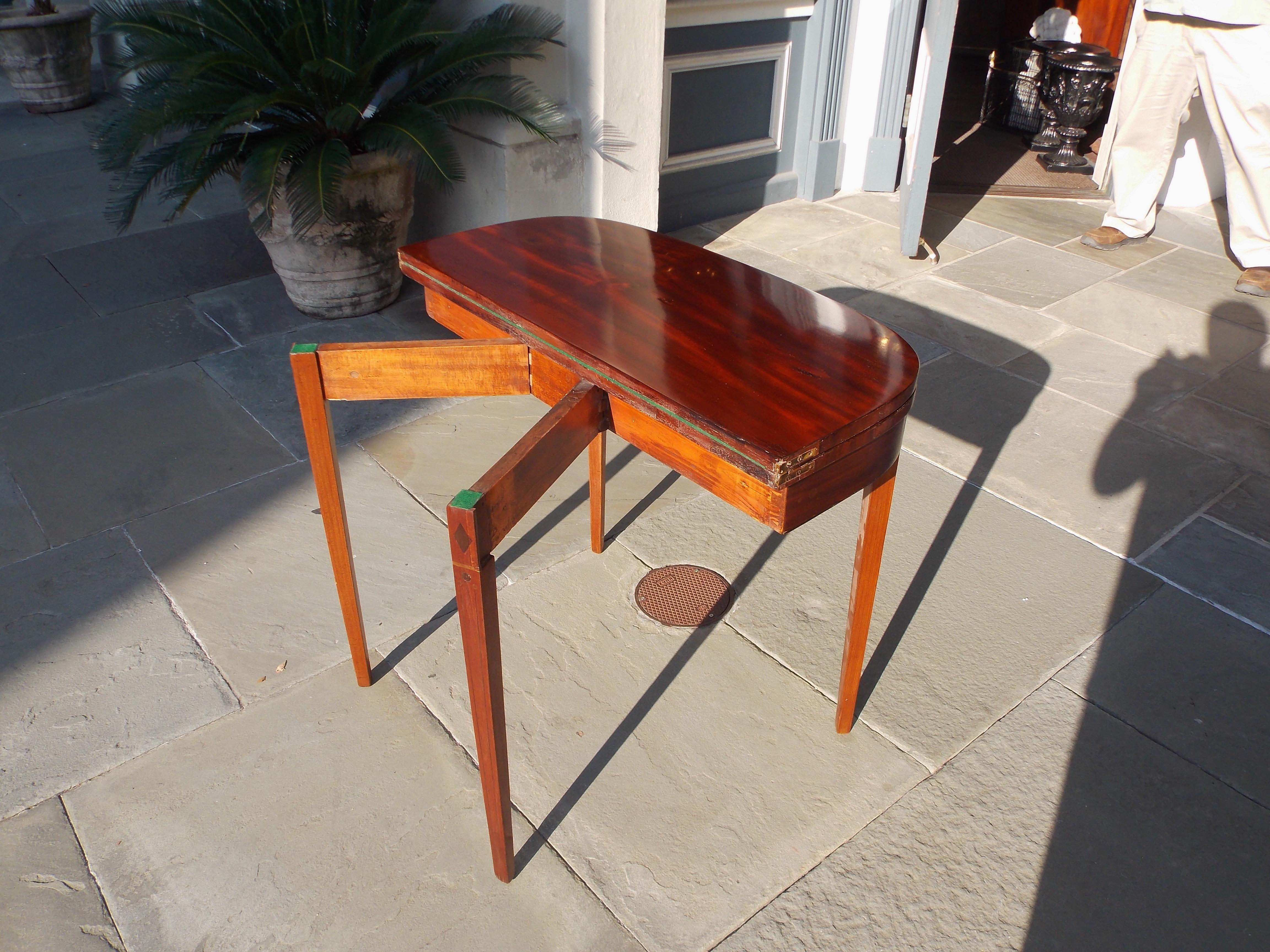 English Mahogany Demilune Ebony Inlaid Hinged Card Table, Circa 1790 For Sale 12