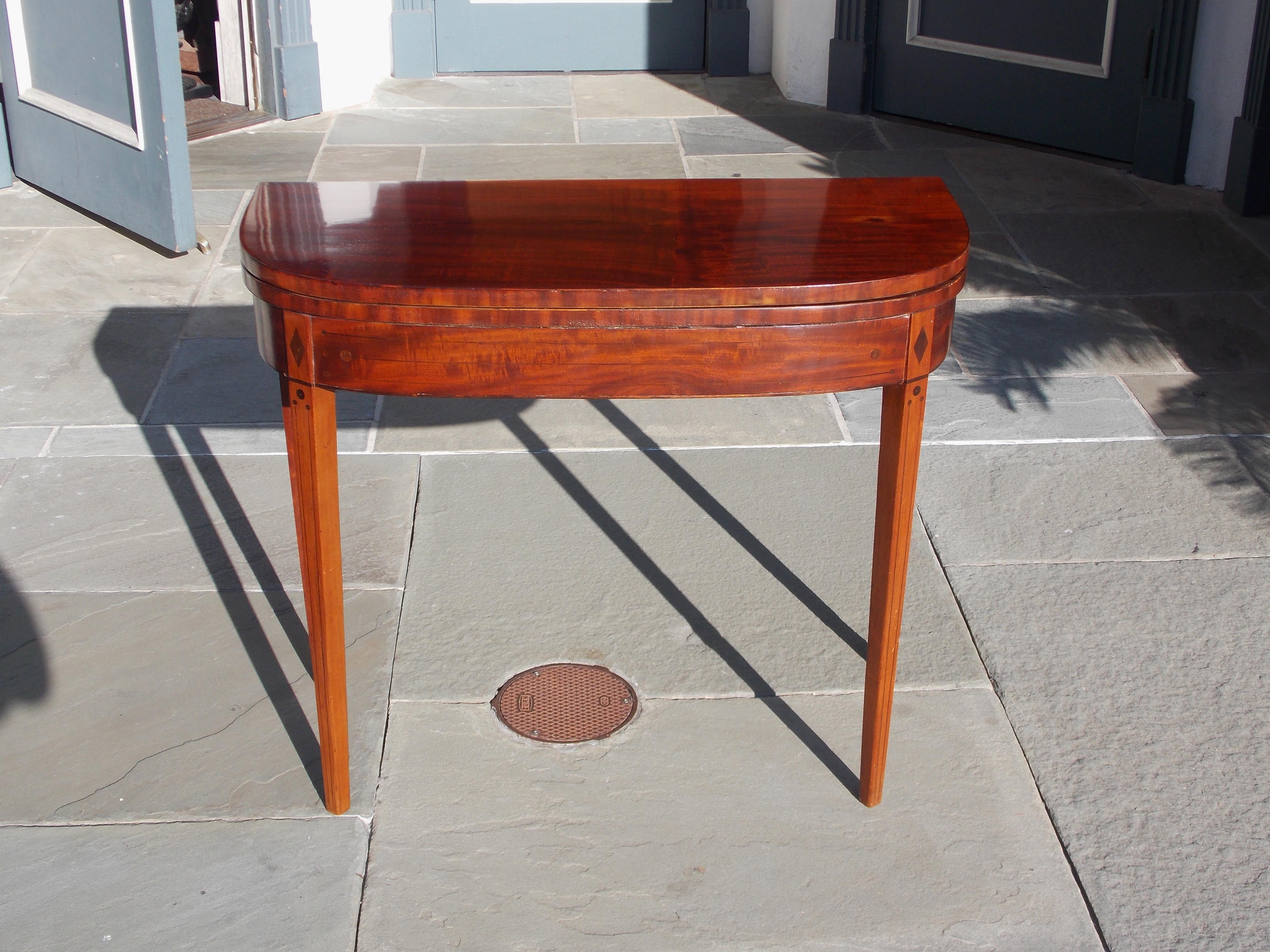 English Mahogany Demilune Ebony Inlaid Hinged Card Table, Circa 1790 In Excellent Condition For Sale In Hollywood, SC