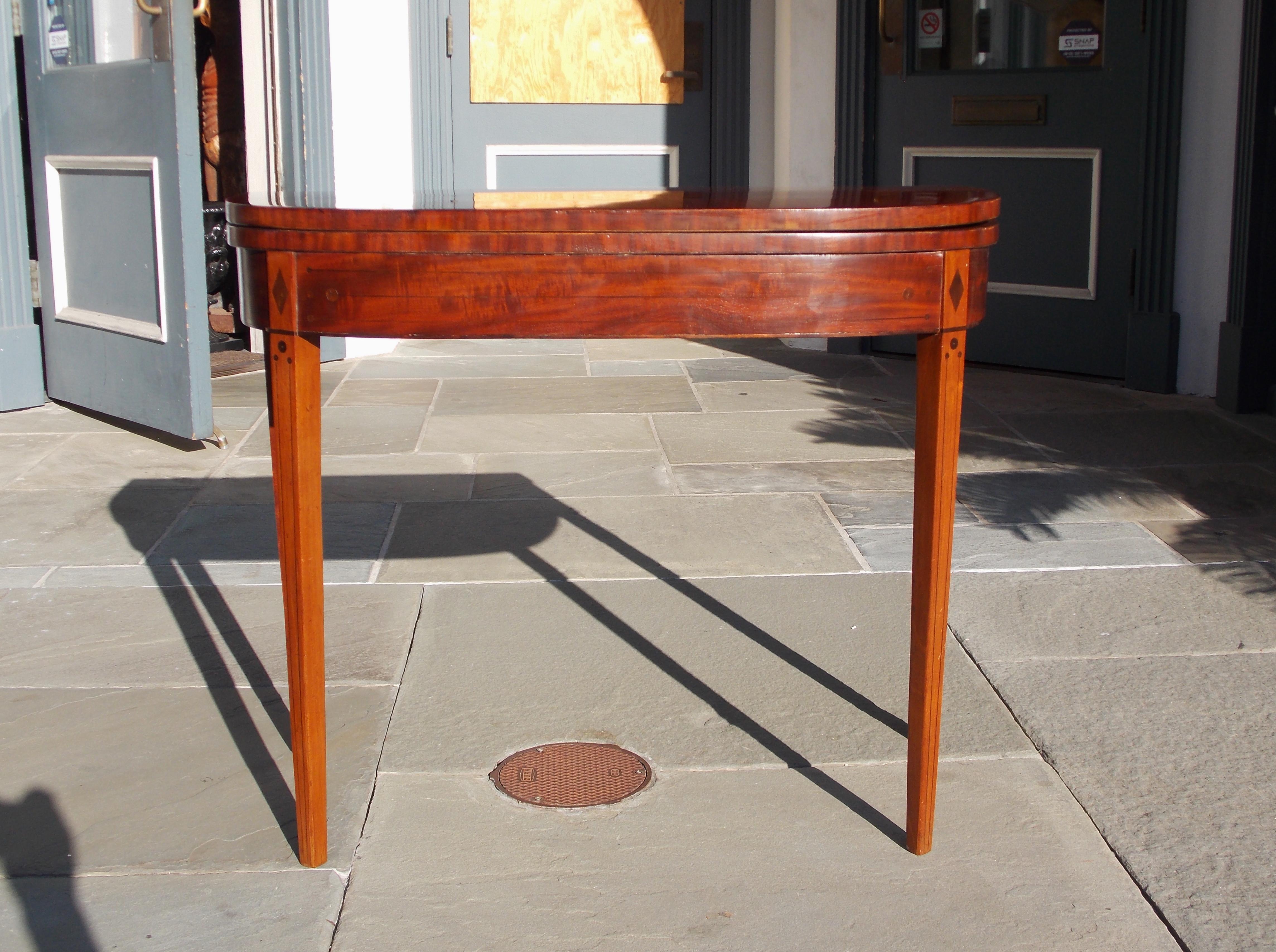 Late 18th Century English Mahogany Demilune Ebony Inlaid Hinged Card Table, Circa 1790 For Sale