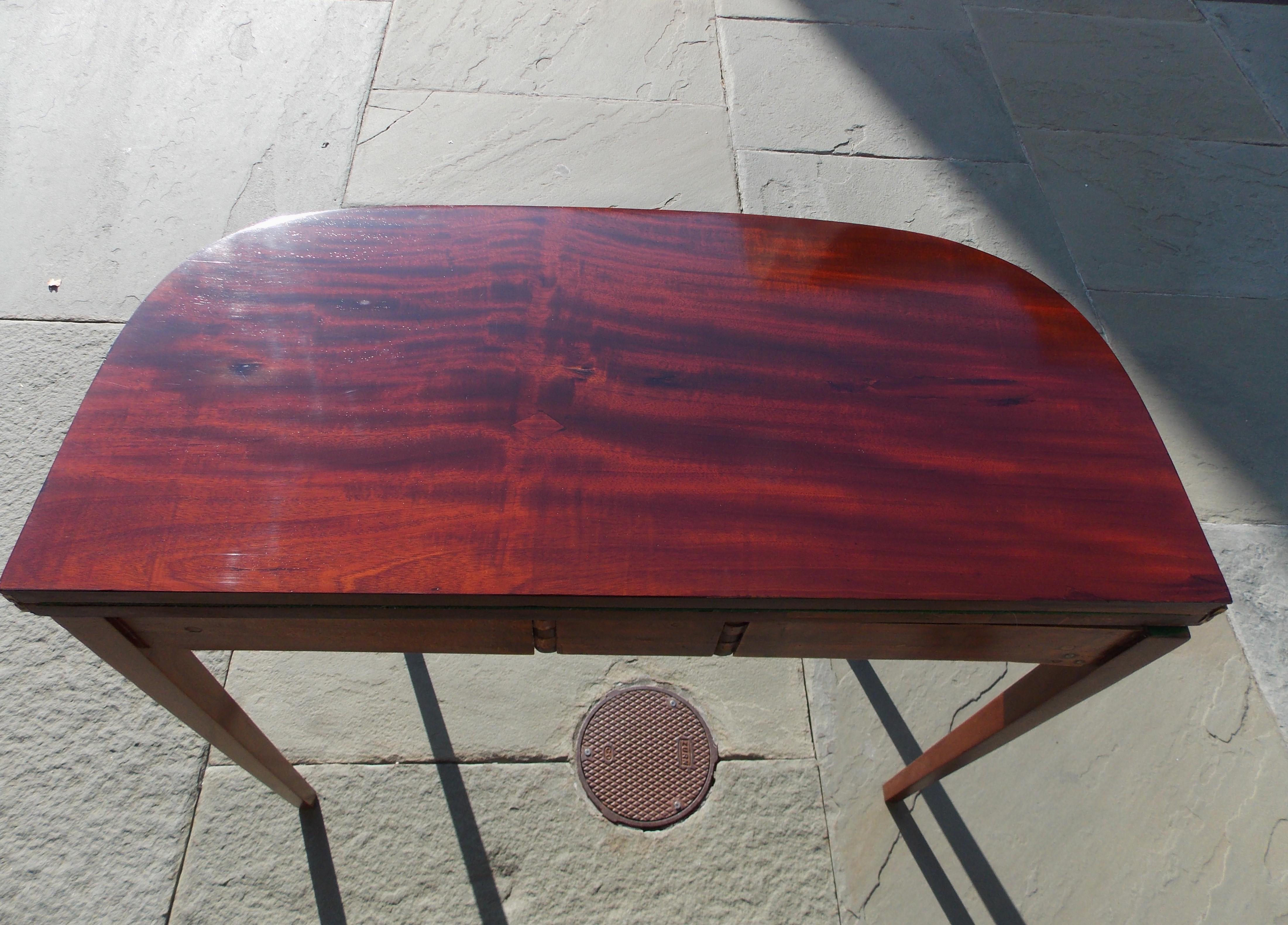 English Mahogany Demilune Ebony Inlaid Hinged Card Table, Circa 1790 For Sale 2