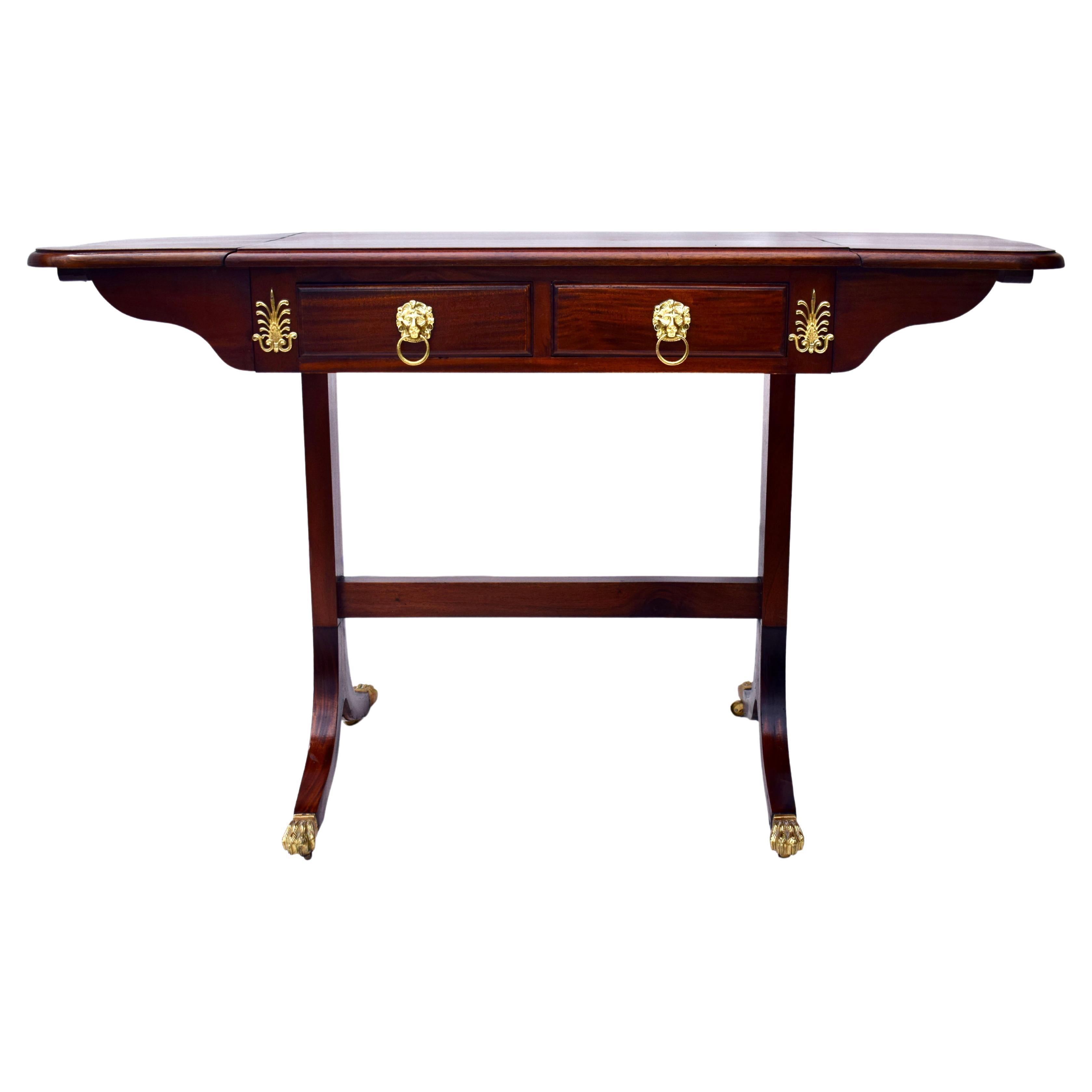 English Mahogany Drop-Leaf Sofa Table with Lion Paw Brass Casters For Sale
