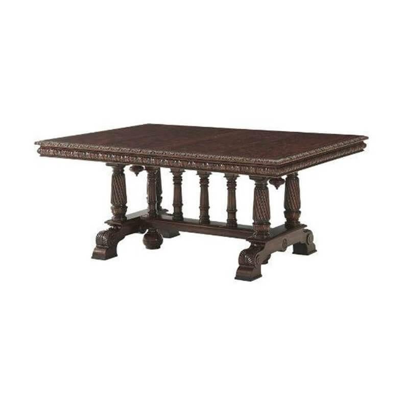 A flame veneered and mahogany extending dining table, the rectangular top extending to accommodate two additional leaves, the edge carved with floral details, on spiral turned column supports and legs.
Open dimensions: 130