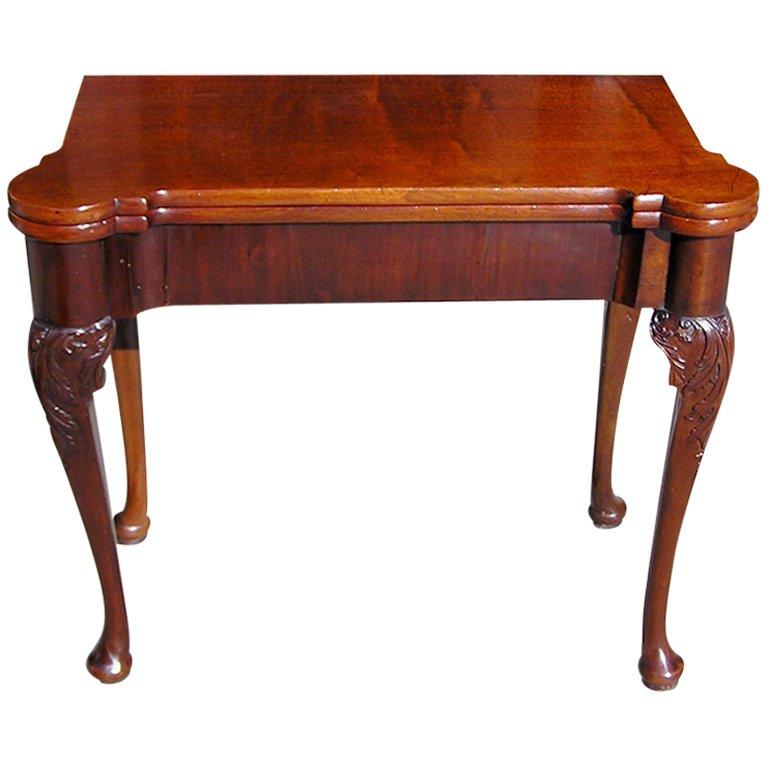 English Queen Anne Cuban Mahogany Acanthus Foliage Games Table w/ Pad Feet, 1750 For Sale