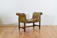 English Mahogany George III Style Patinated Green Leather Window Seat