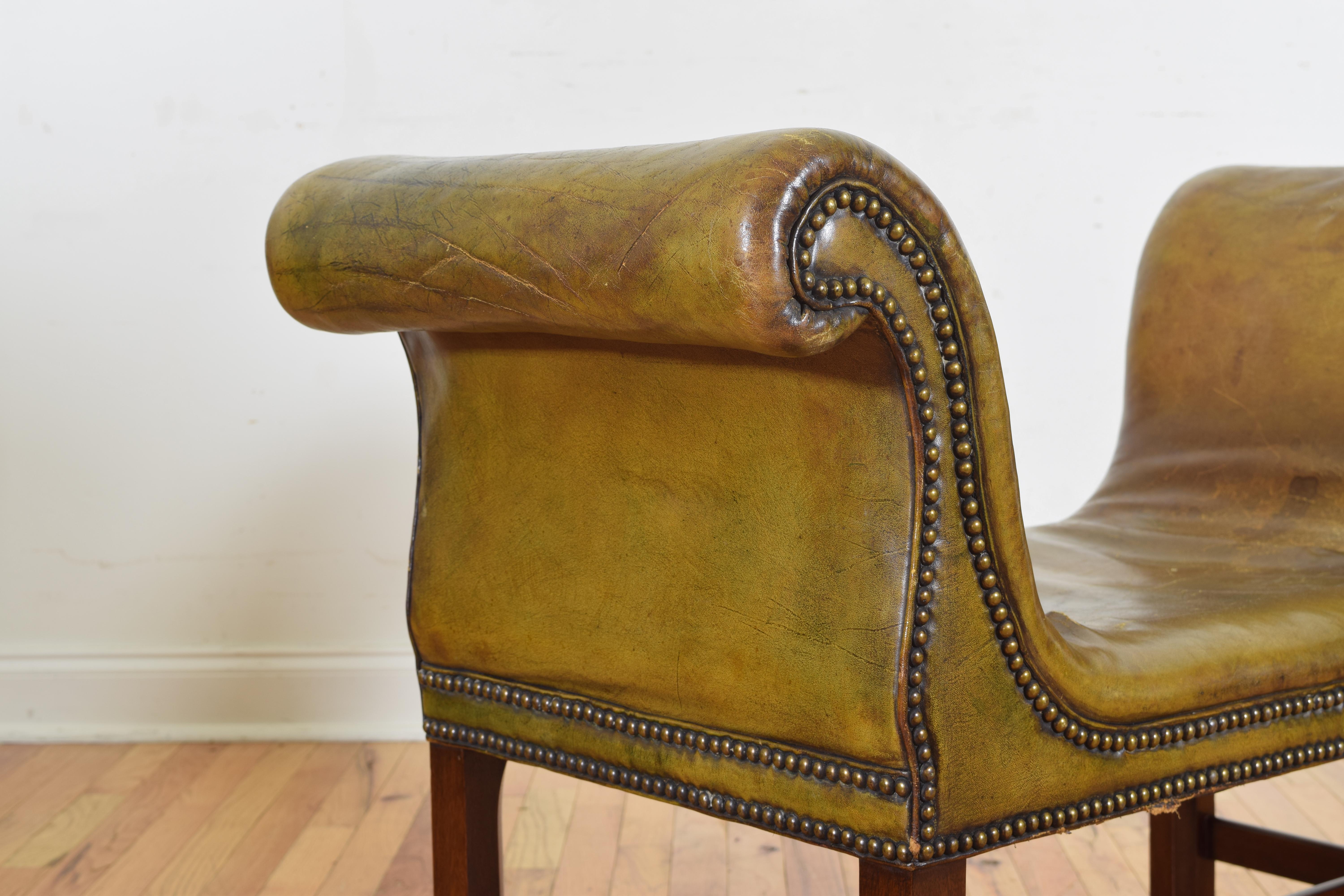 English Mahogany George III Style Patinated Green Leather Window Seat 2