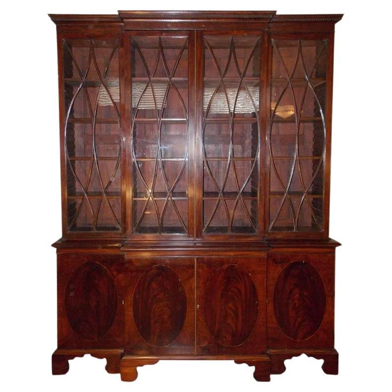 English Mahogany Glass Front & Oval Inlaid Breakfront, circa 1800 For Sale