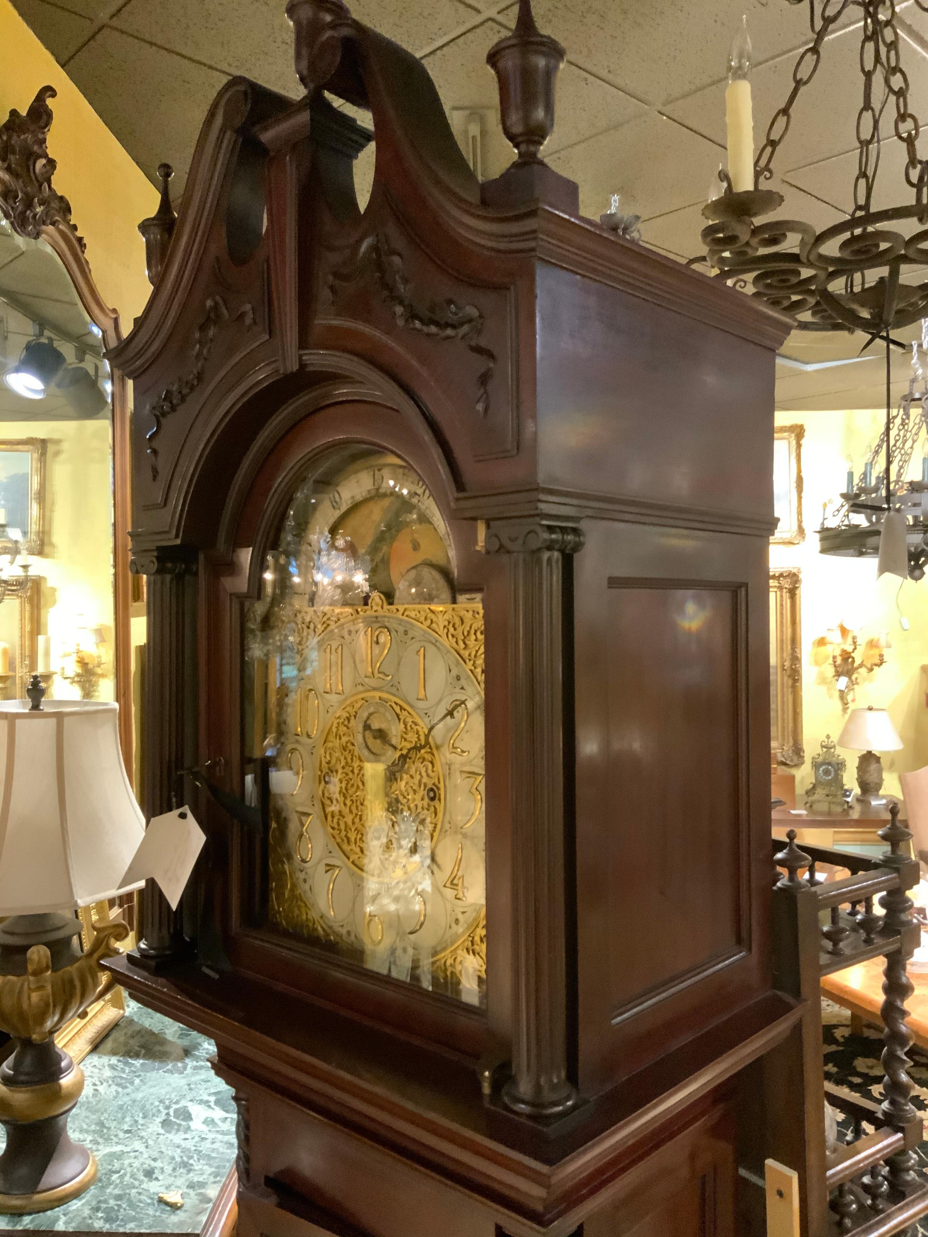 English Mahogany Grandfather Long Case Clock with 5 Chimes and Moon Dial In Good Condition In Houston, TX