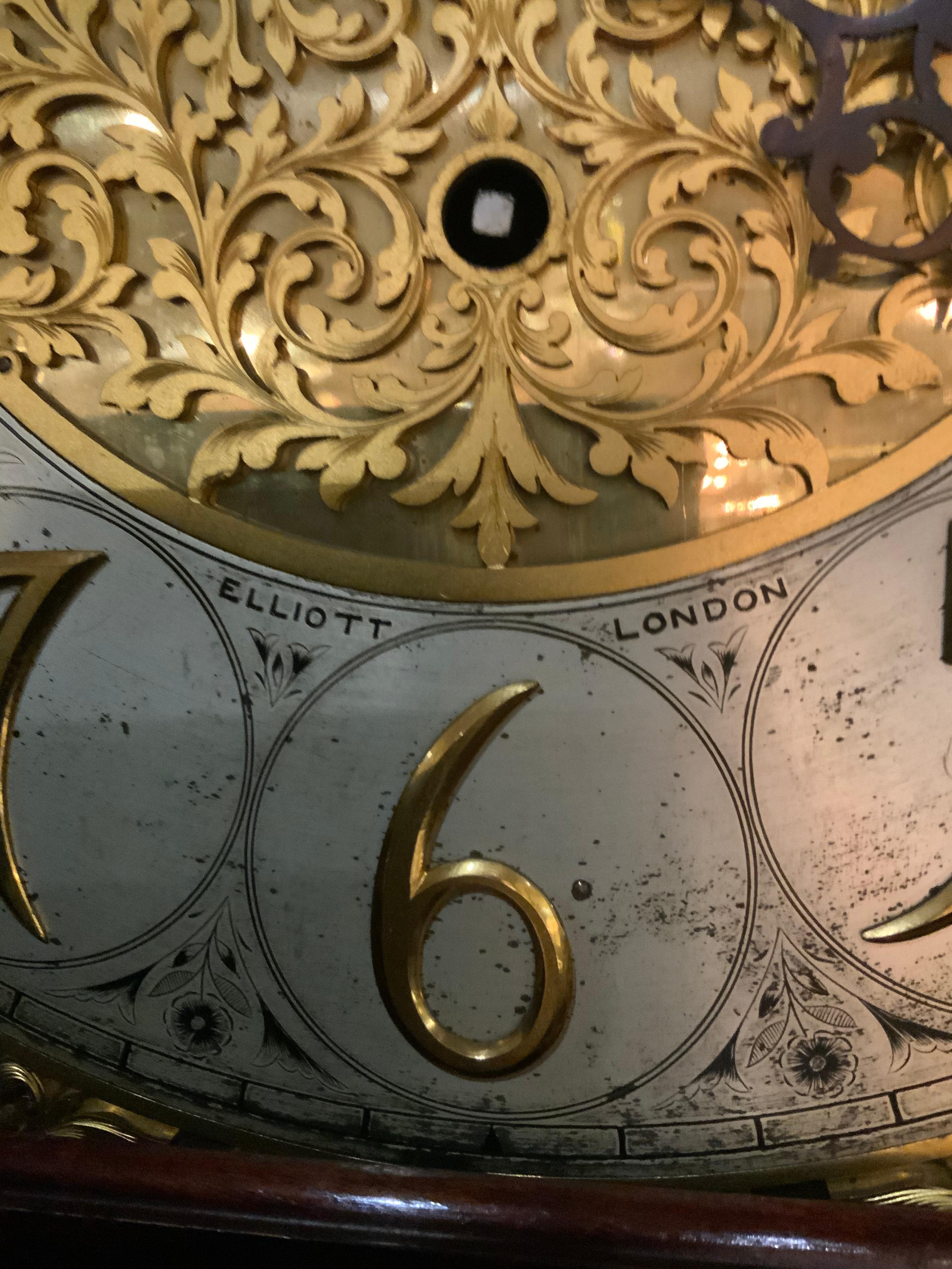 English Mahogany Grandfather Long Case Clock with 5 Chimes and Moon Dial 1