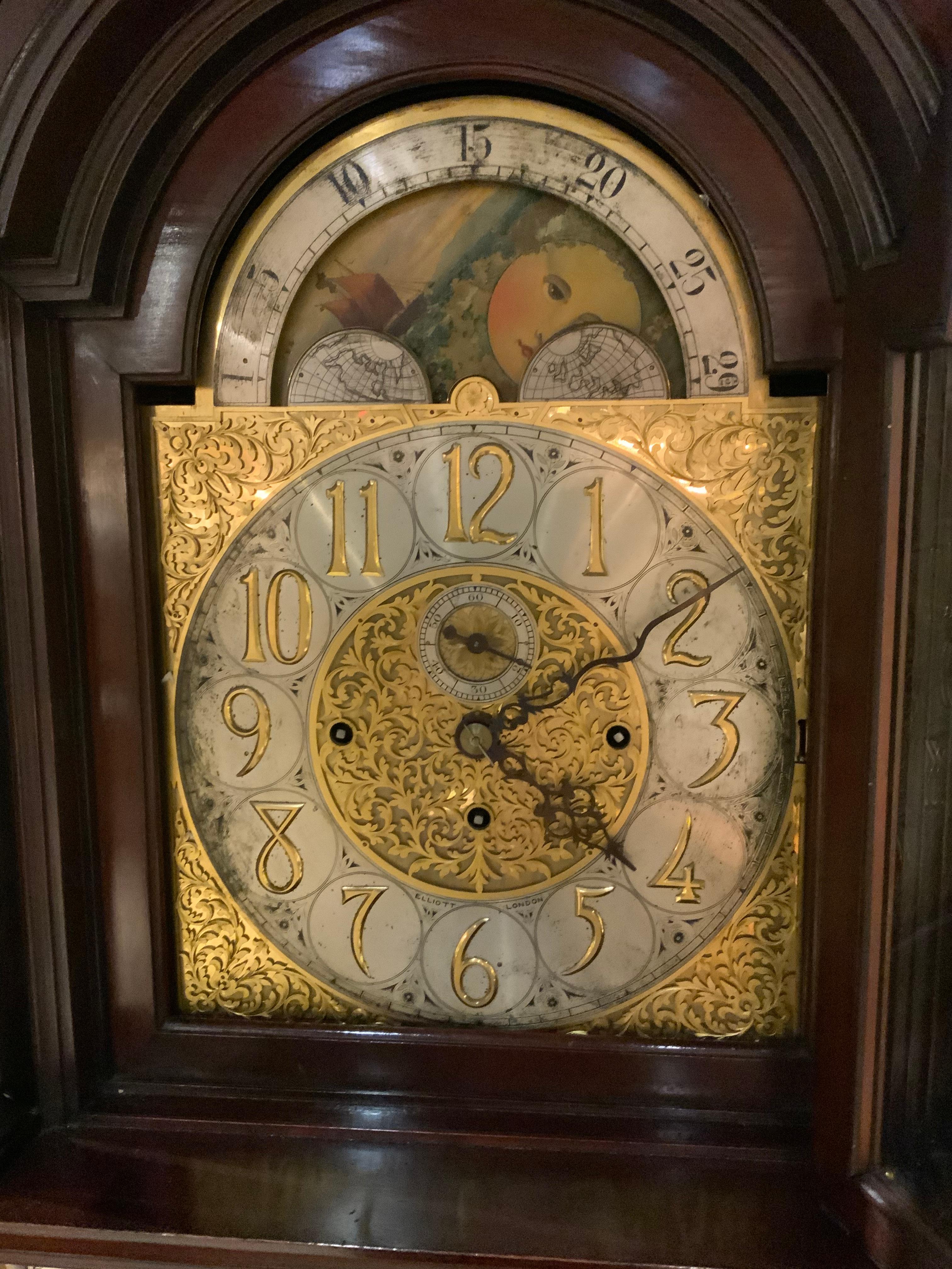 English Mahogany Grandfather Long Case Clock with 5 Chimes and Moon Dial 2