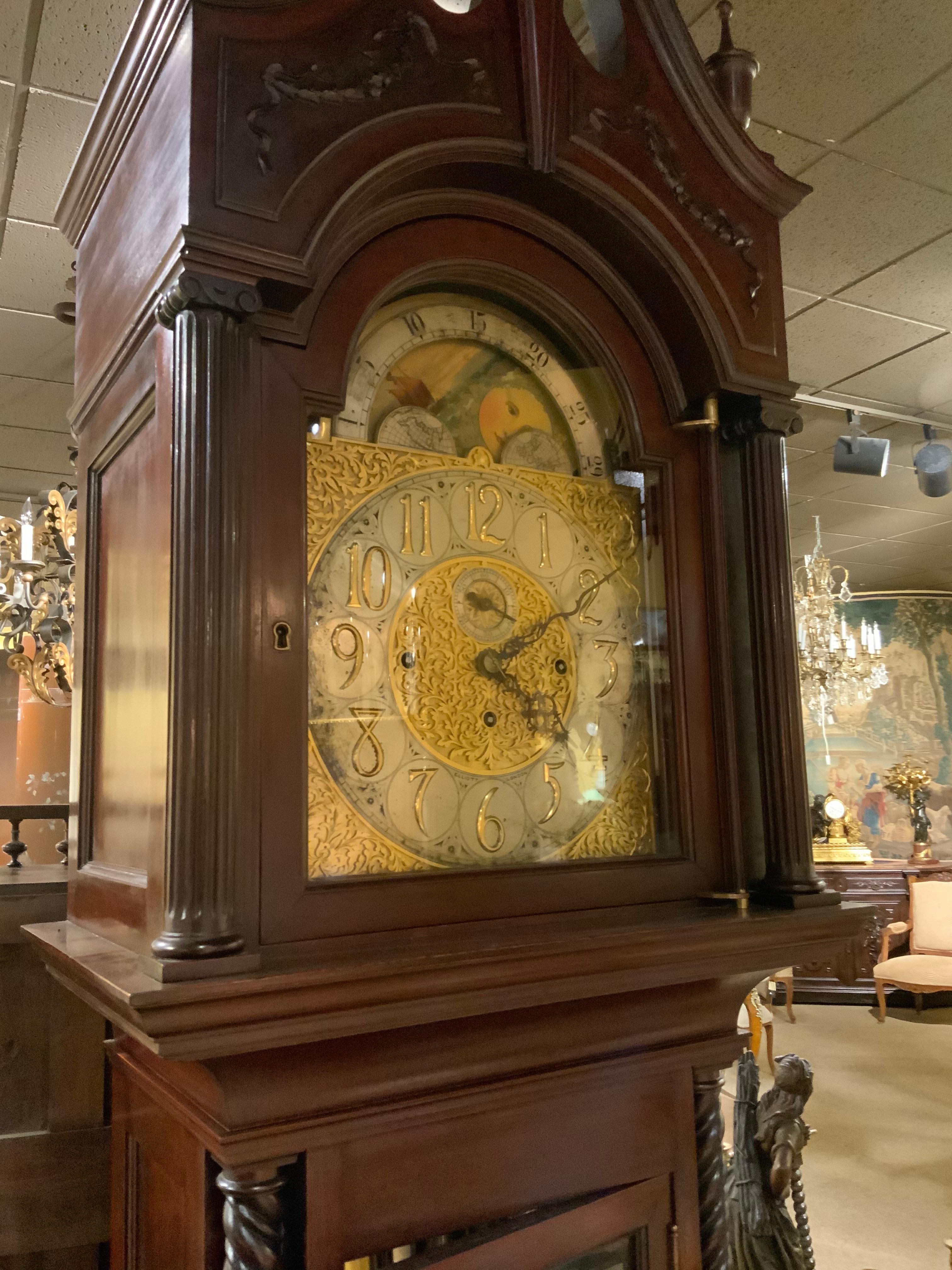 English Mahogany Grandfather Long Case Clock with 5 Chimes and Moon Dial 3