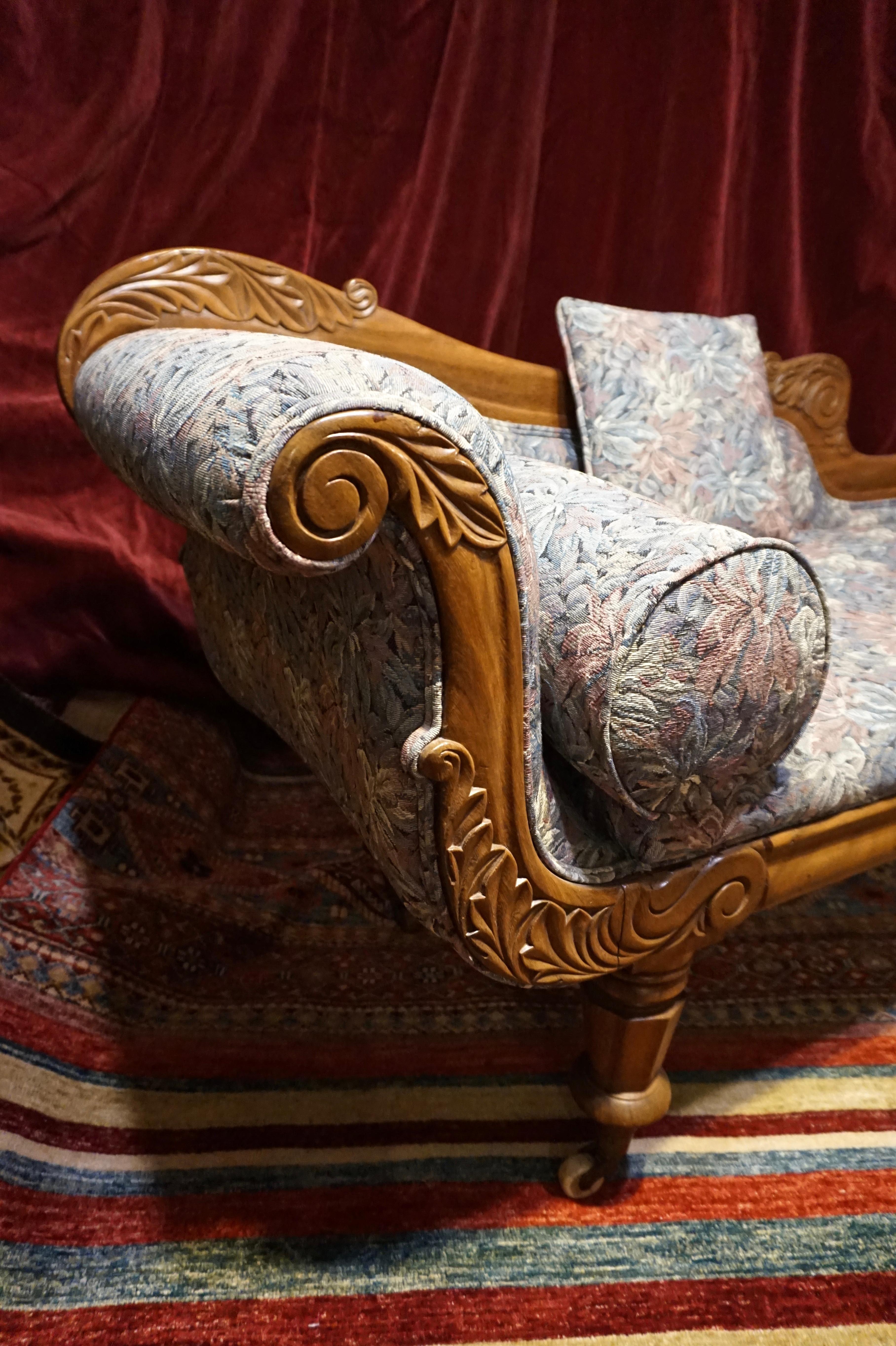 Hand-Carved English Walnut Hand Carved Victorian Chaise Lounge on Porcelain Casters