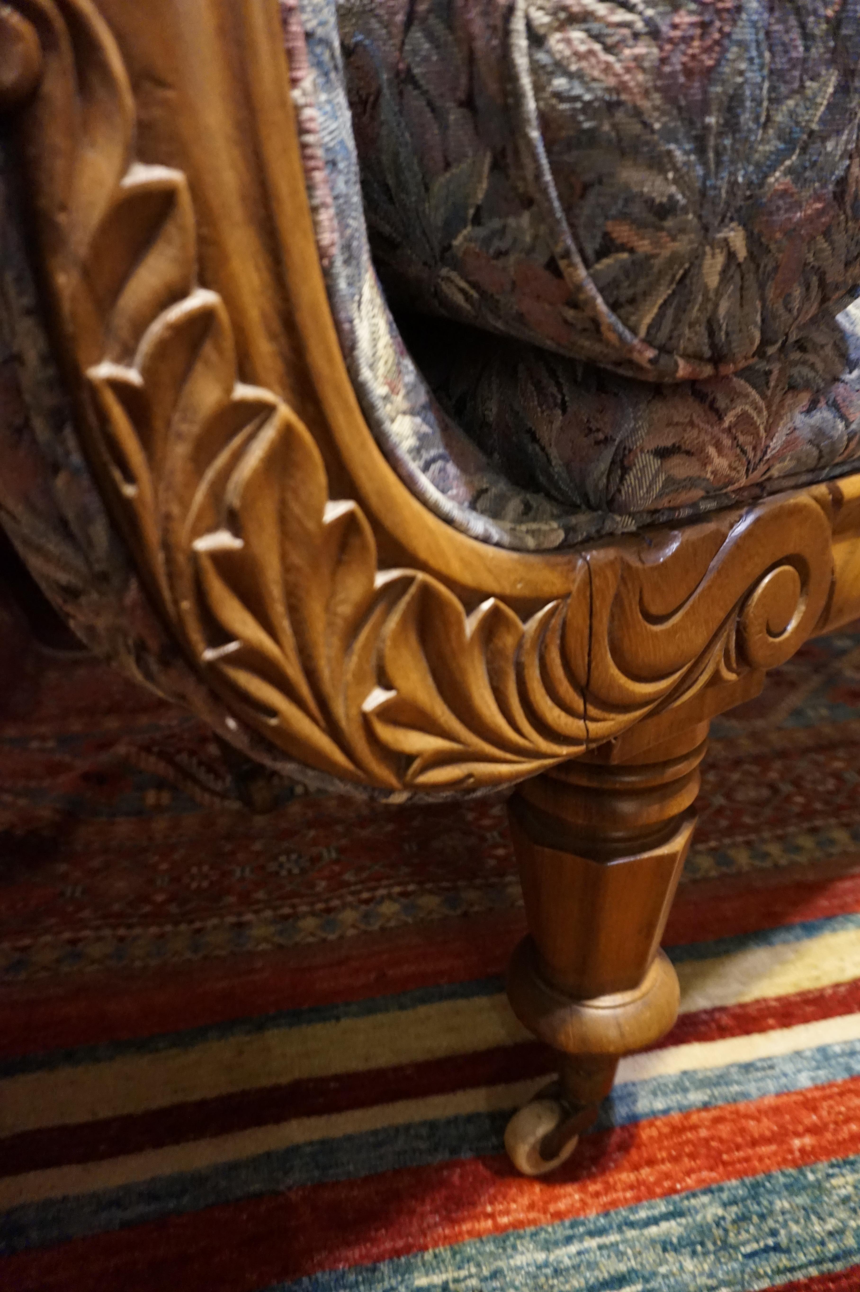 English Walnut Hand Carved Victorian Chaise Lounge on Porcelain Casters 1