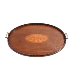 English mahogany inlaid serving tray with brass handles, c. 1800's