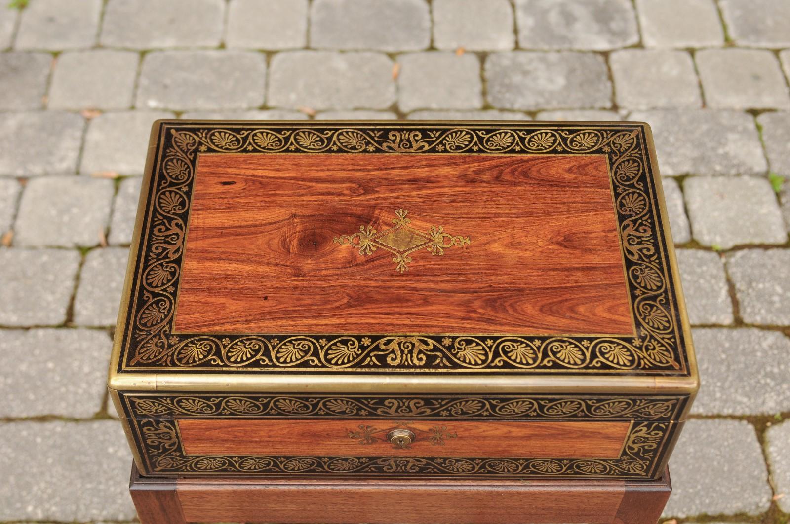Campaign English Mahogany Lap Desk circa 1870 with Gilded Accents and Custom-Made Base