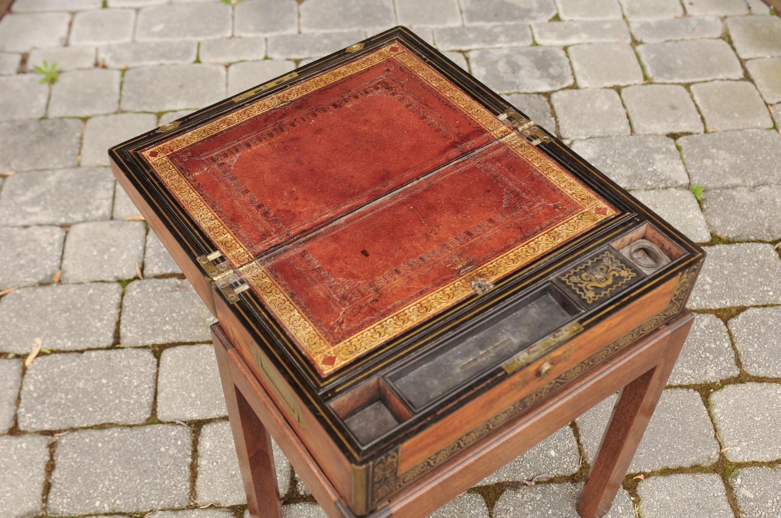 19th Century English Mahogany Lap Desk circa 1870 with Gilded Accents and Custom-Made Base