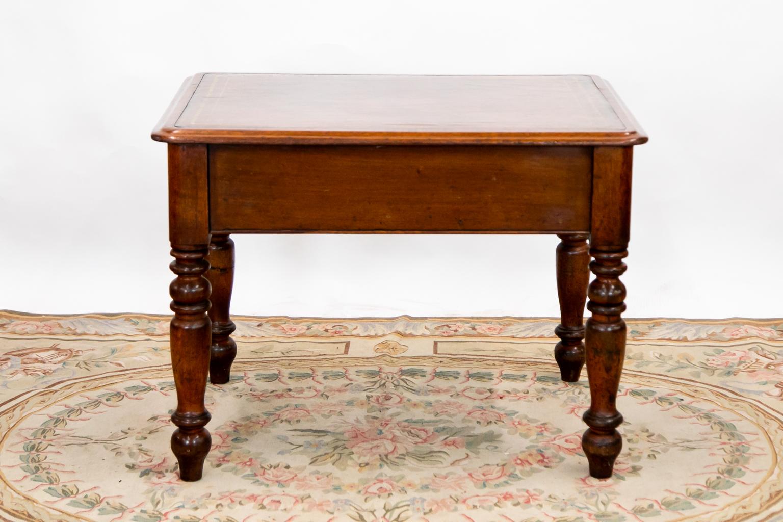 Brass English Mahogany Leather Top Center Table For Sale