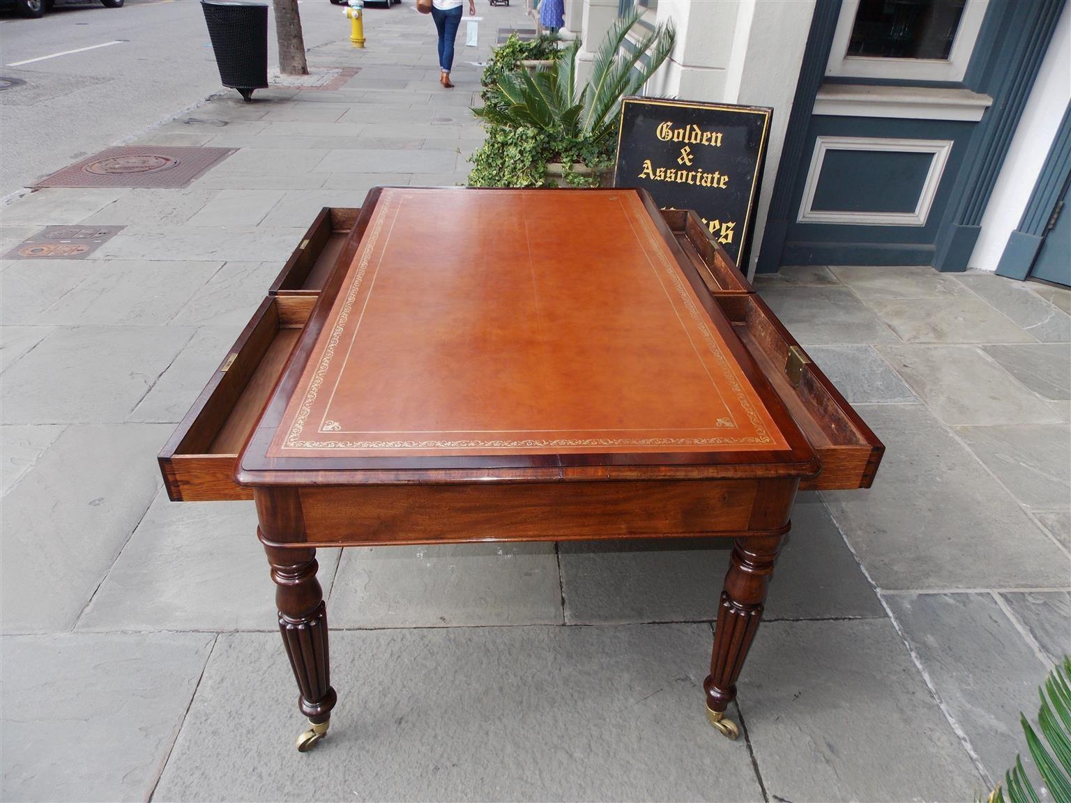English Mahogany Leather Top Four-Drawer Partners Desk on Casters, Circa 1820 In Excellent Condition In Hollywood, SC