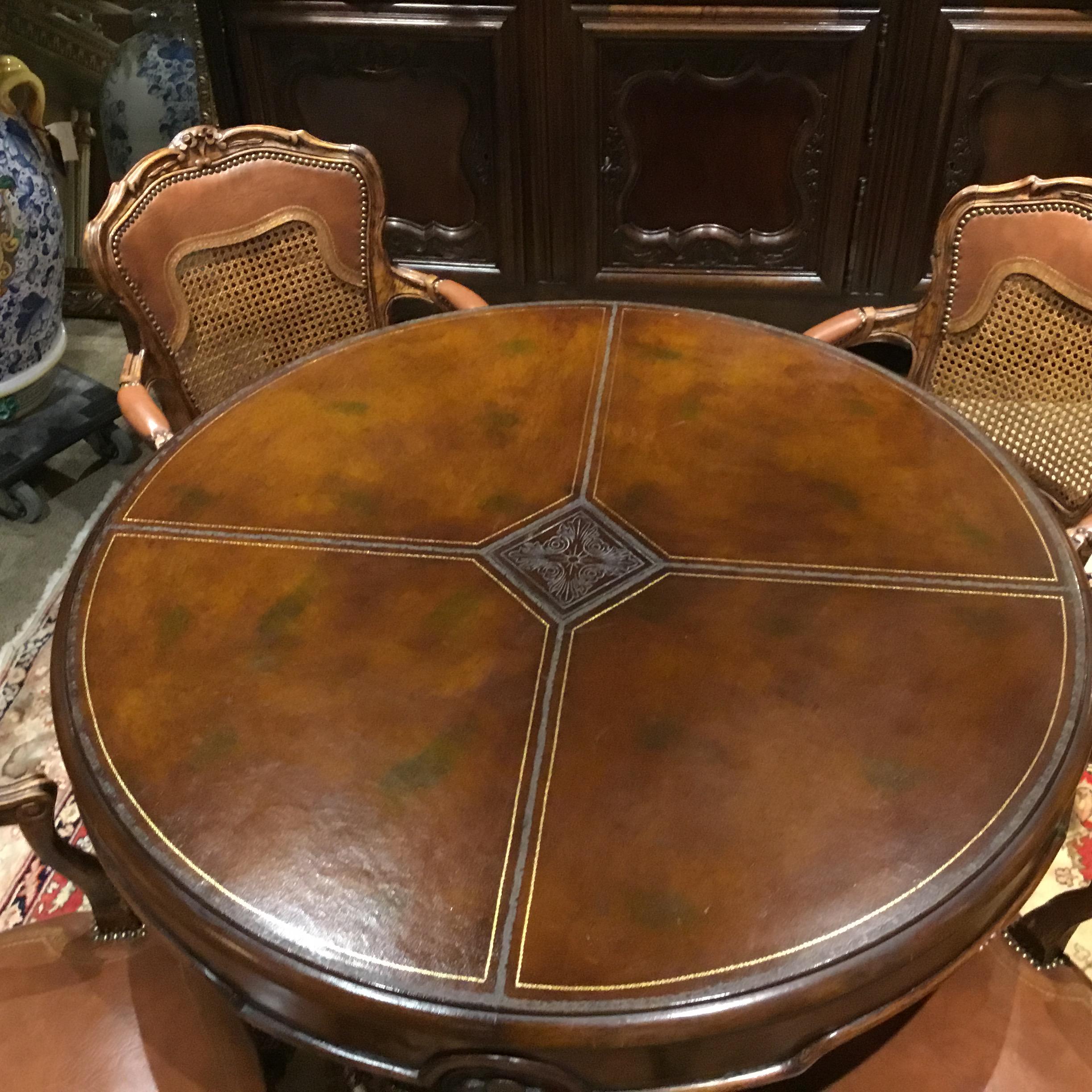 English Mahogany Leather Top Game Table/ Set of Four French Style Chairs 5
