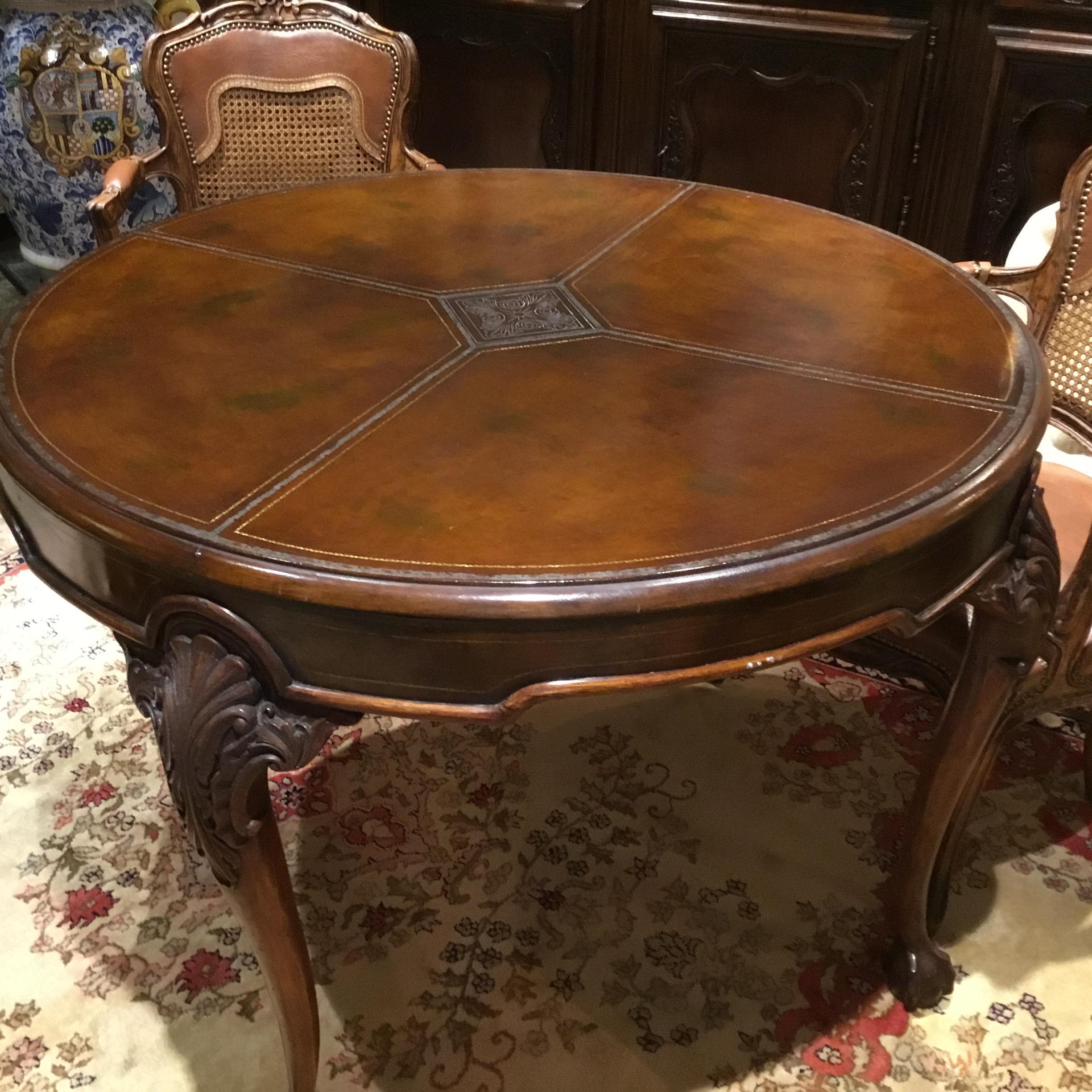 English Mahogany Leather Top Game Table/ Set of Four French Style Chairs In Good Condition In Houston, TX