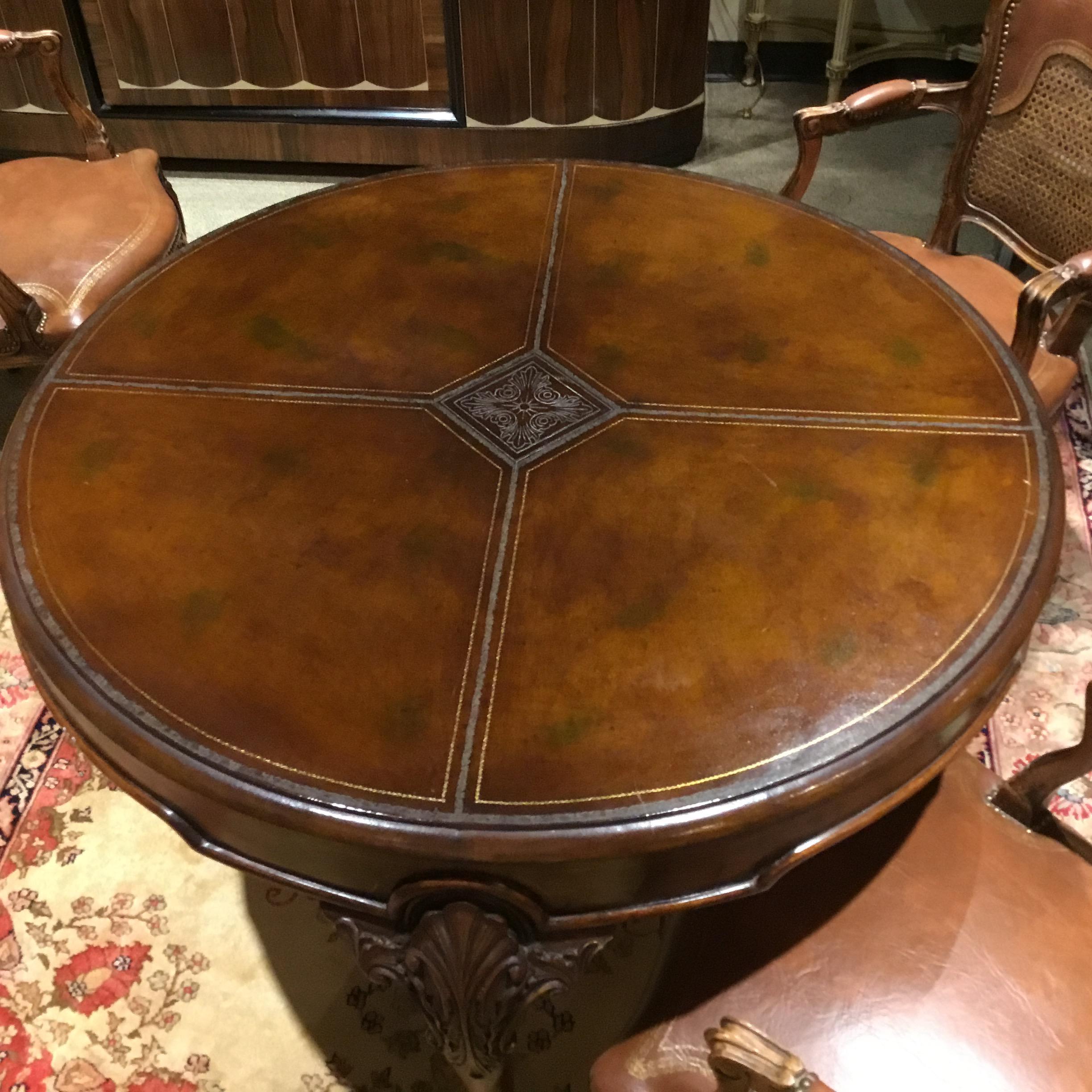 20th Century English Mahogany Leather Top Game Table/ Set of Four French Style Chairs