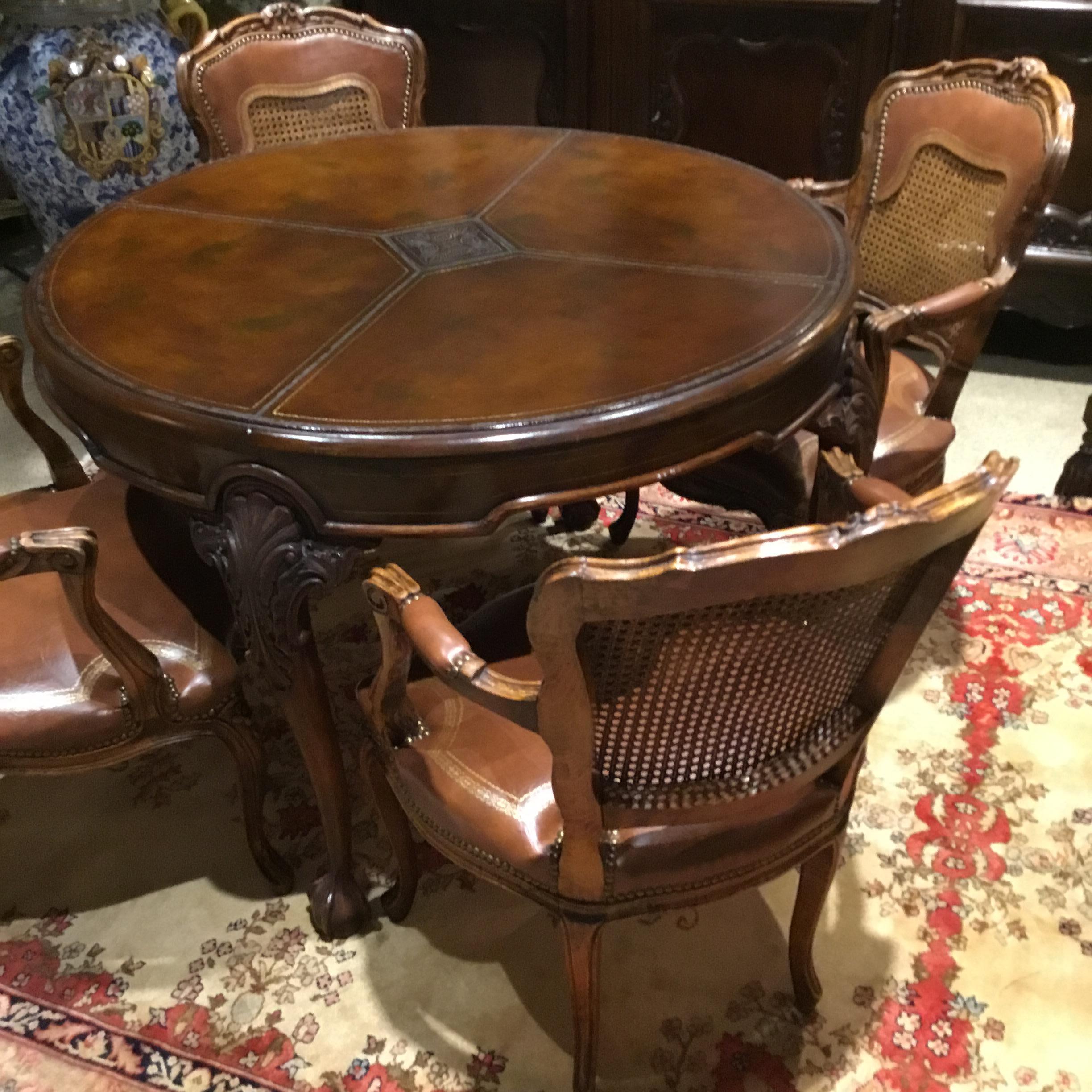 English Mahogany Leather Top Game Table/ Set of Four French Style Chairs 1
