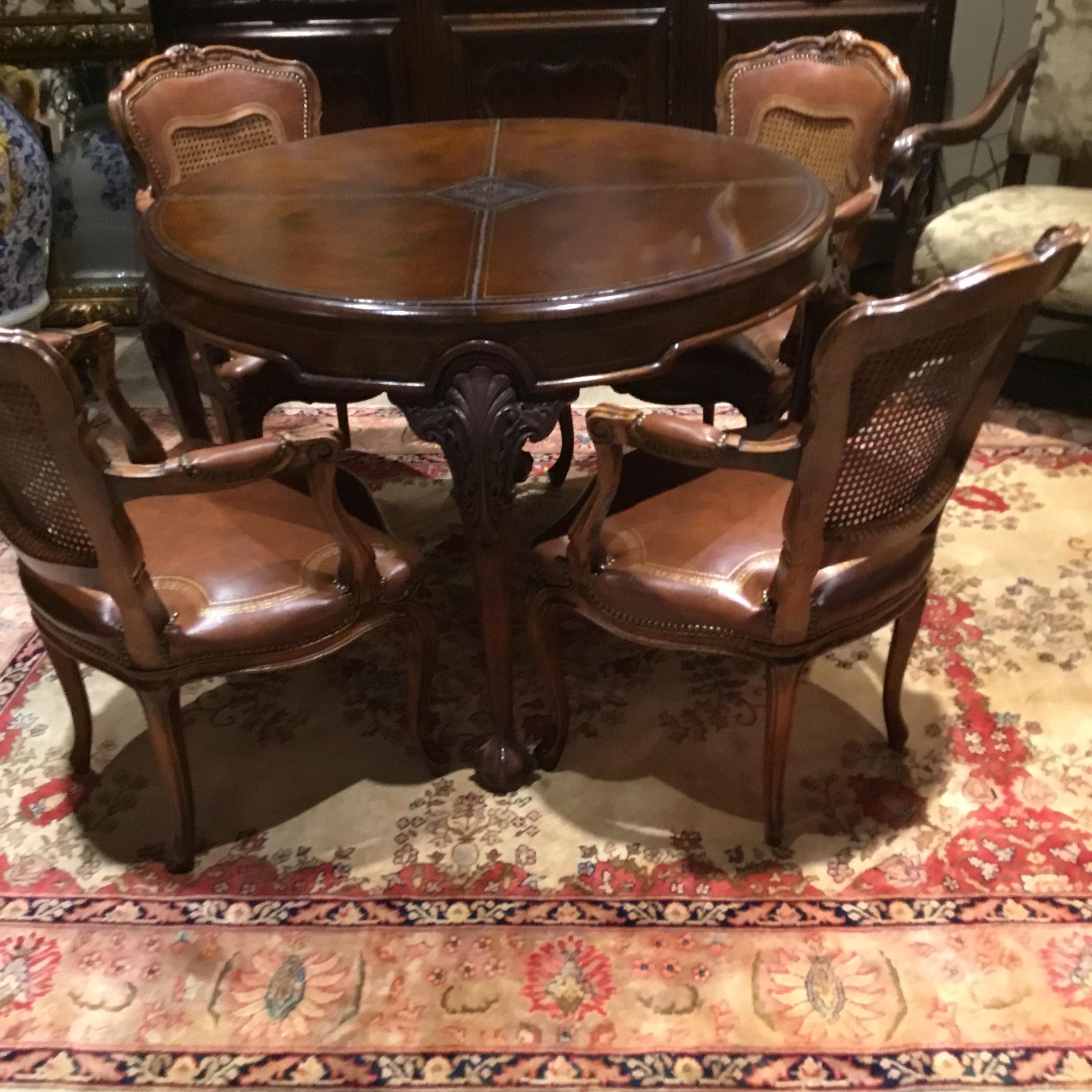English Mahogany Leather Top Game Table/ Set of Four French Style Chairs 3