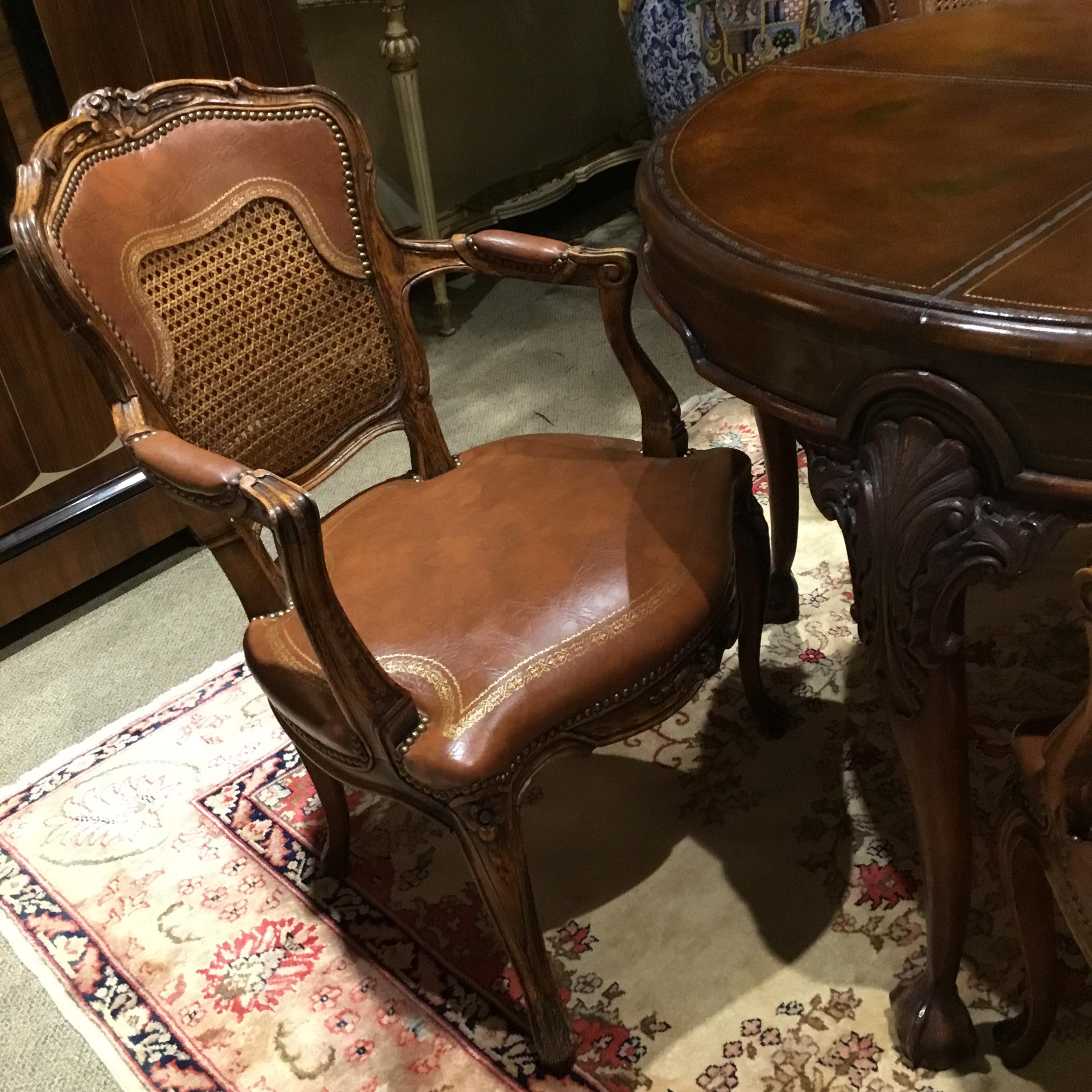 English Mahogany Leather Top Game Table/ Set of Four French Style Chairs 4