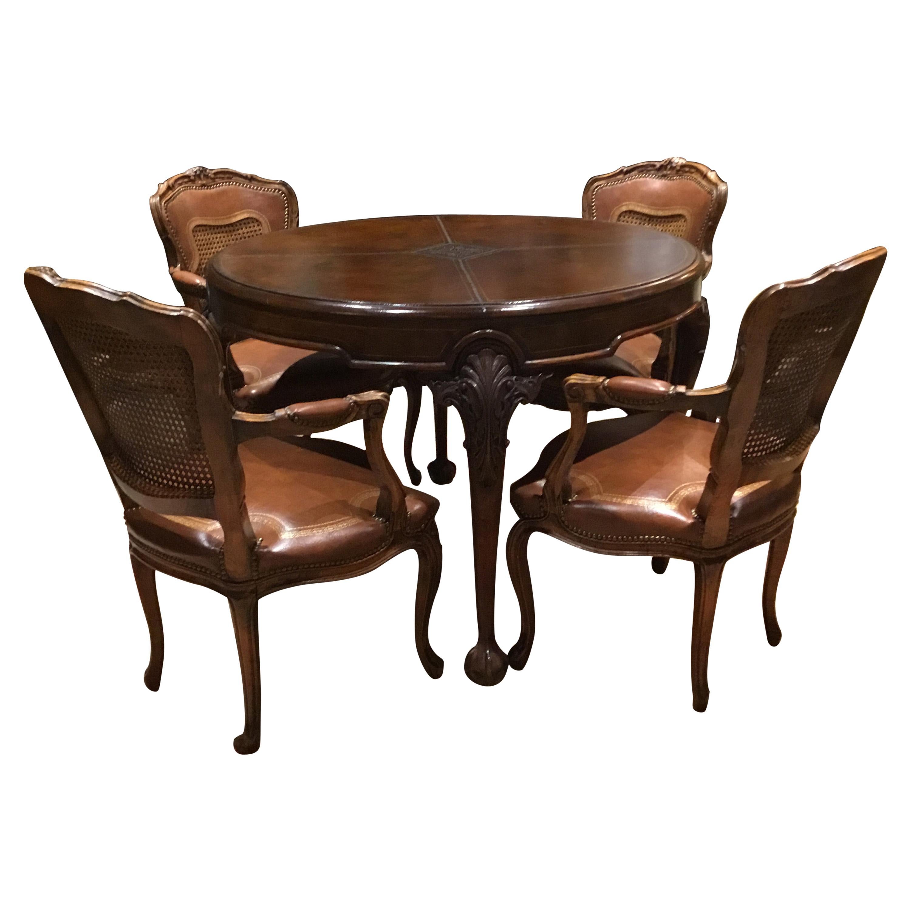 English Mahogany Leather Top Game Table/ Set of Four French Style Chairs