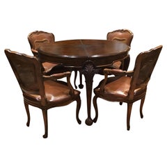 English Mahogany Leather Top Game Table/ Set of Four French Style Chairs