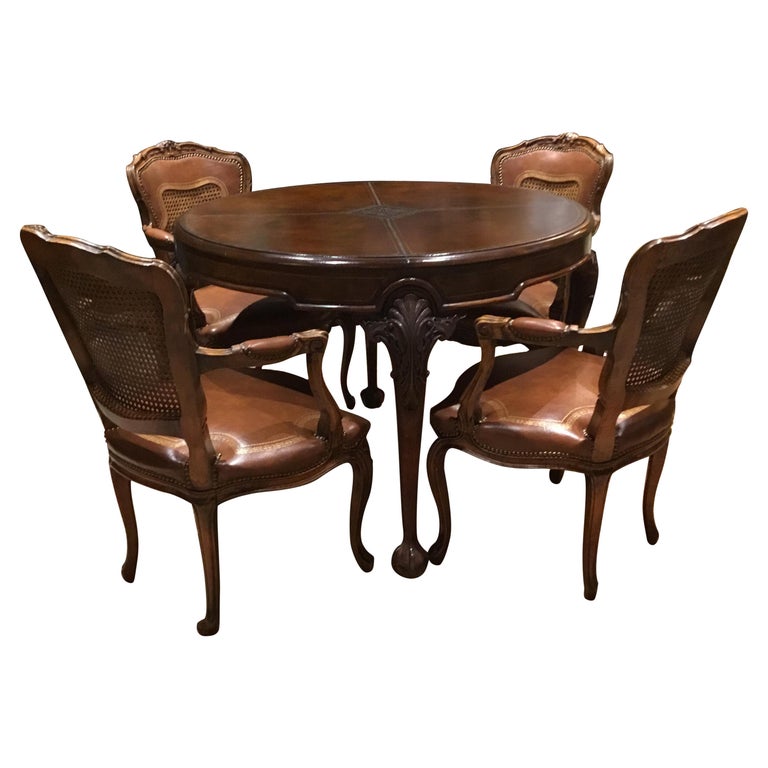 English Mahogany Leather Top Game Table, Leather Game Table Chairs
