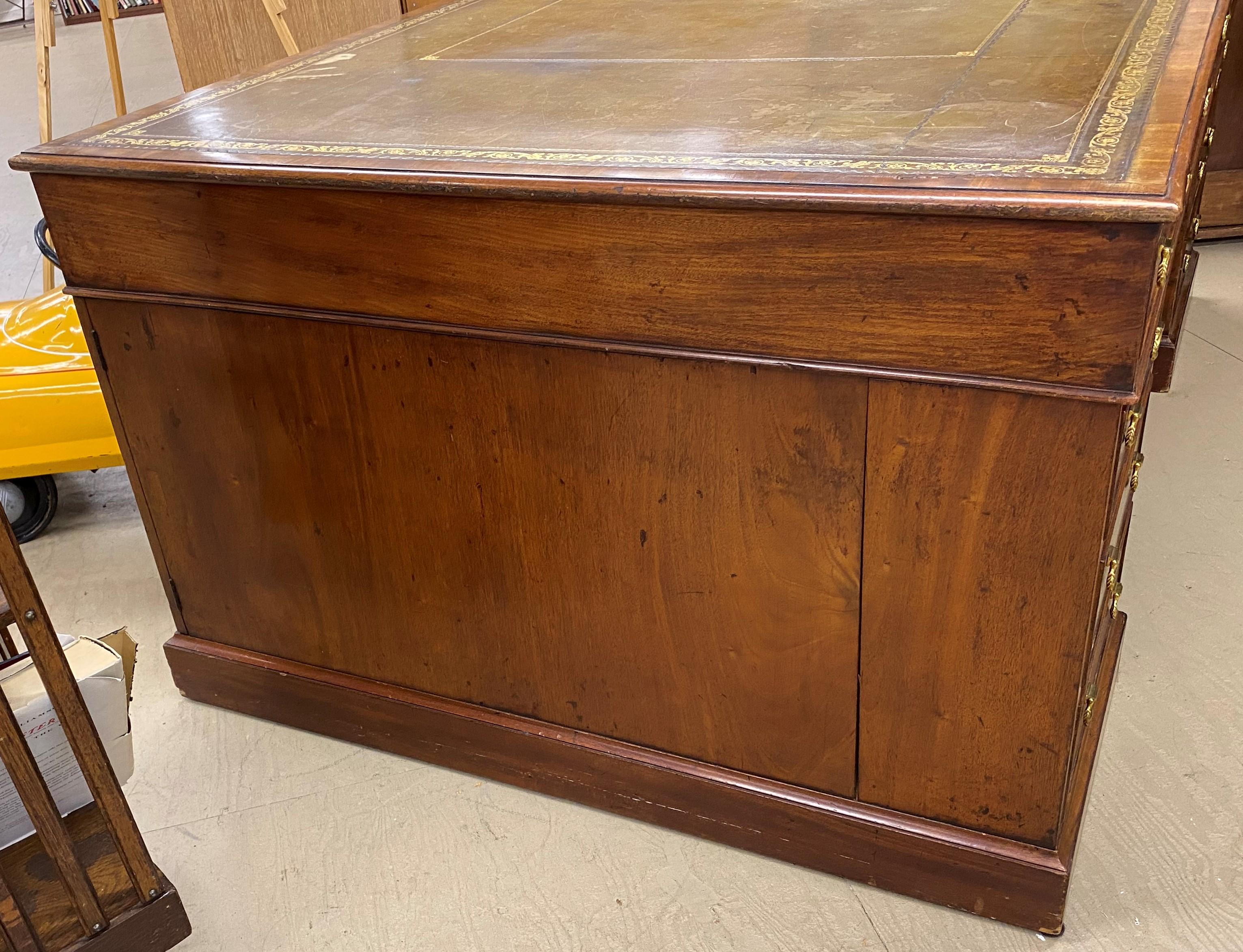 Gilt English Mahogany Leather Top Partners Desk For Sale