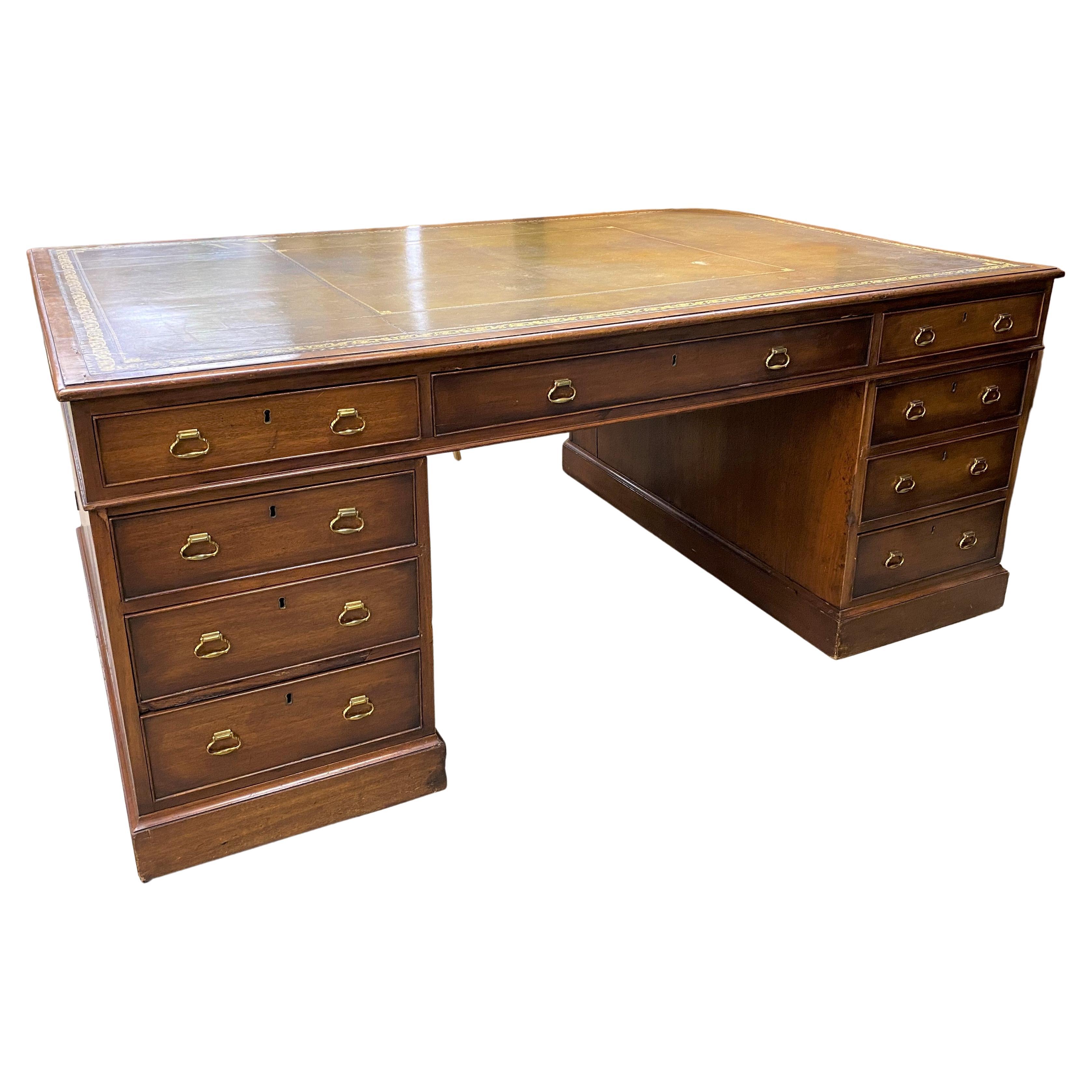 English Mahogany Leather Top Partners Desk For Sale