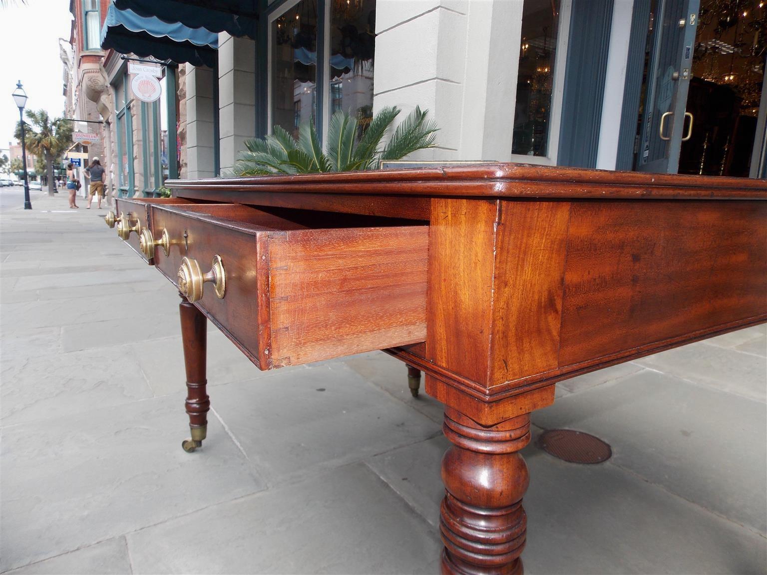 English Mahogany Leather Top Partners / Writing Desk with Orig, Casters, C. 1810 3