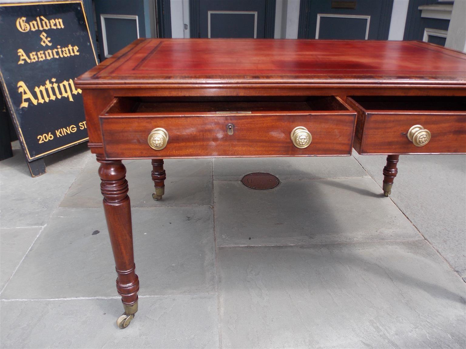 English Mahogany Leather Top Partners / Writing Desk with Orig, Casters, C. 1810 4