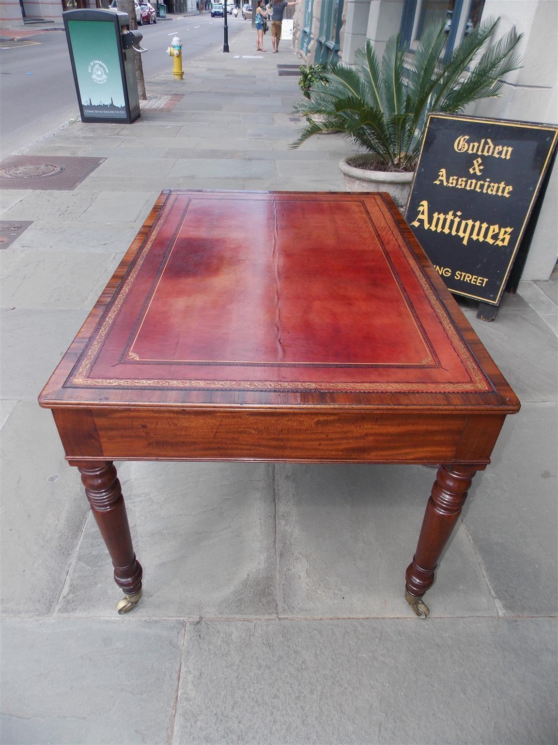 Hand-Carved English Mahogany Leather Top Partners / Writing Desk with Orig, Casters, C. 1810