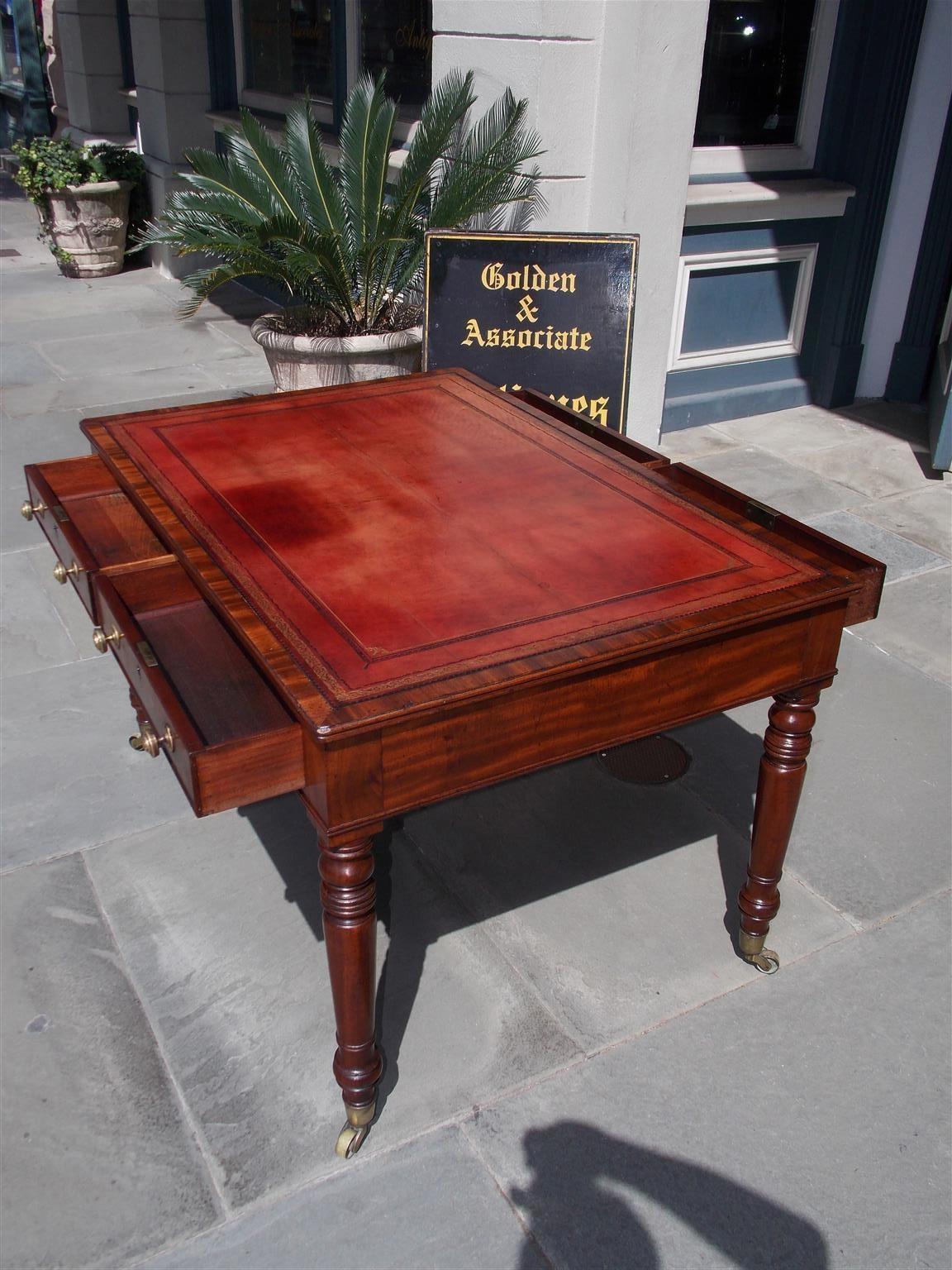 English Mahogany Leather Top Partners / Writing Desk with Orig, Casters, C. 1810 In Excellent Condition In Hollywood, SC