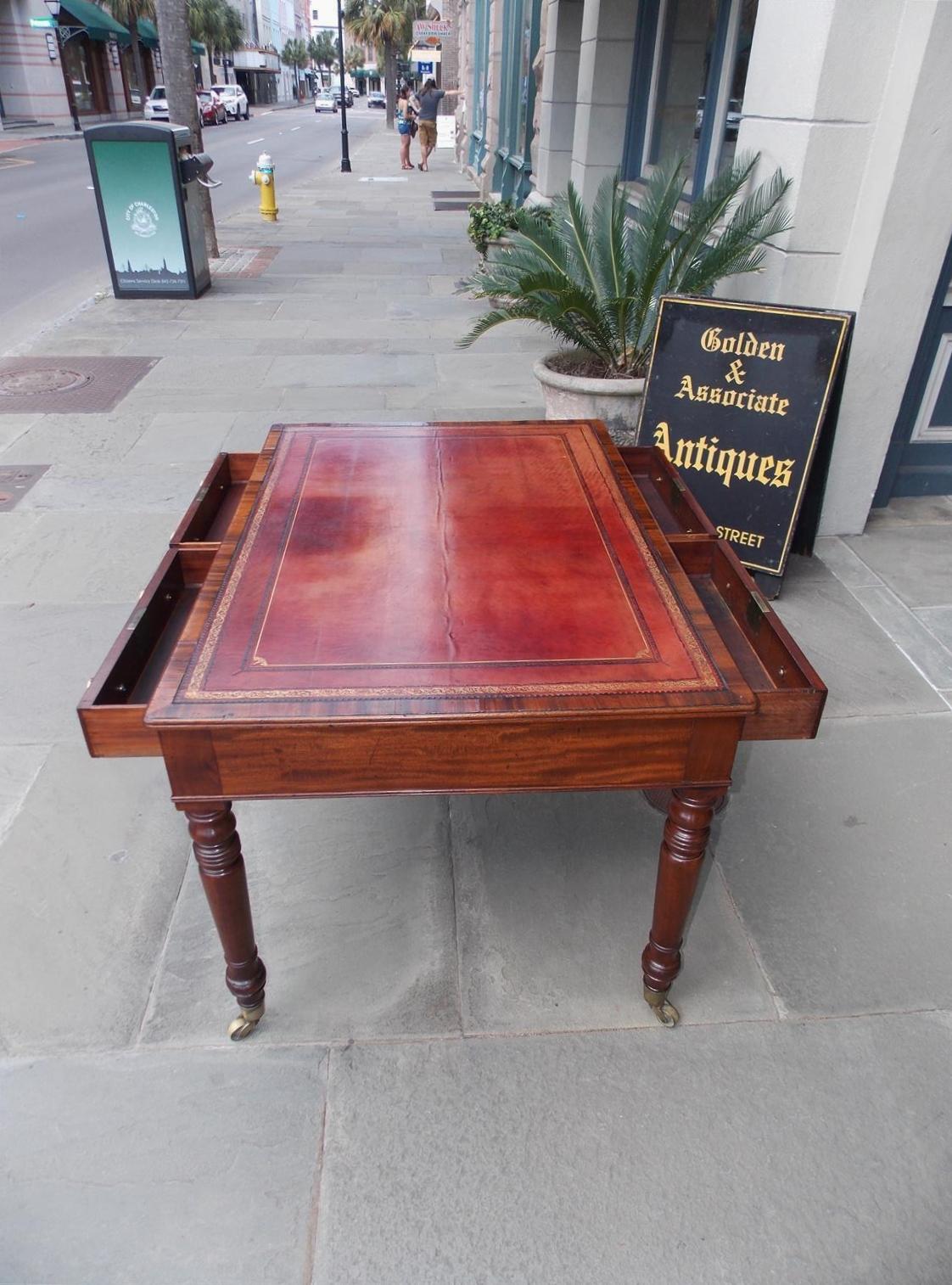 Early 19th Century English Mahogany Leather Top Partners / Writing Desk with Orig, Casters, C. 1810