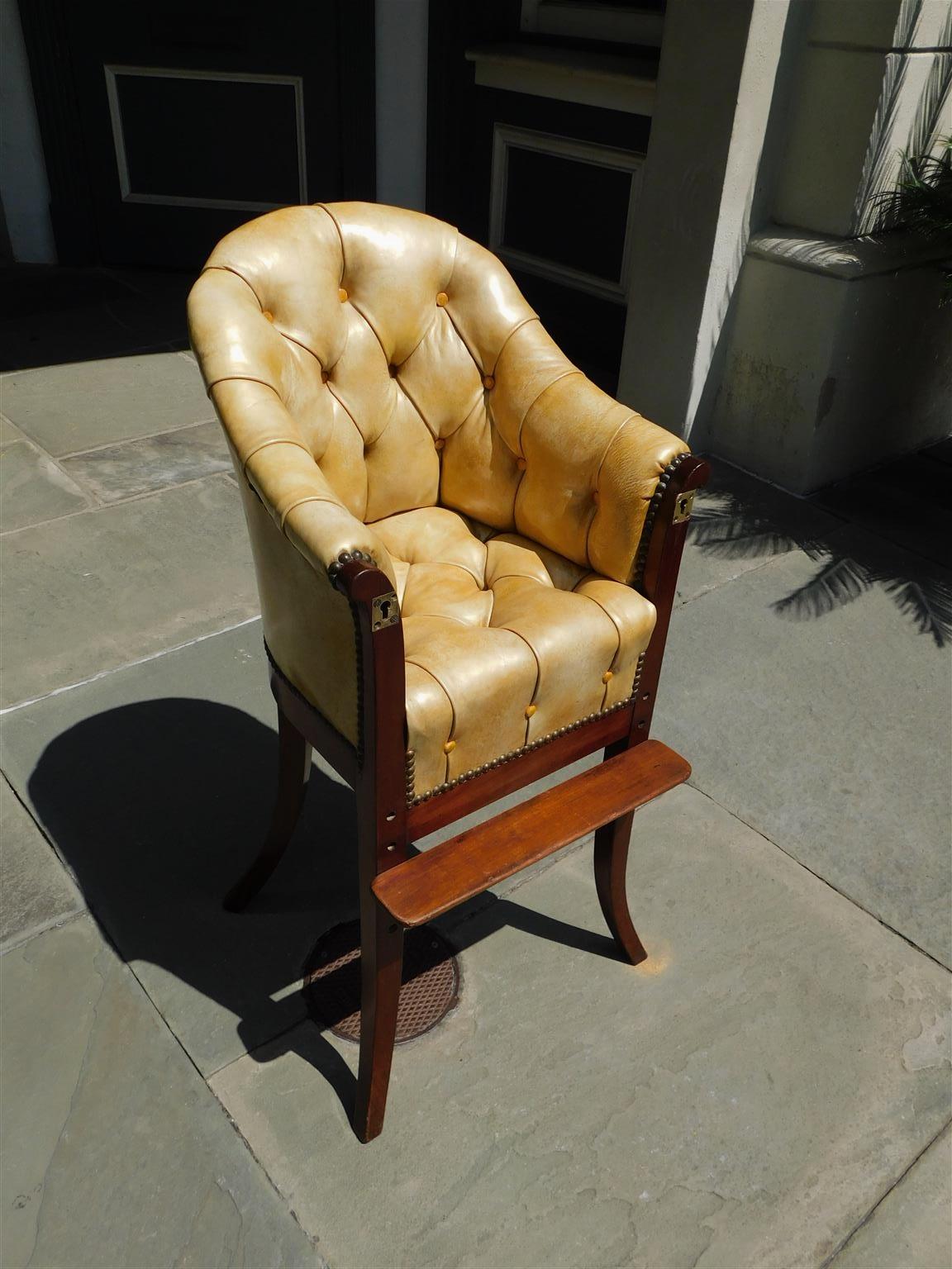 English Mahogany Leather Tufted High Chair with Tray and Splayed Legs, C. 1820 For Sale 3