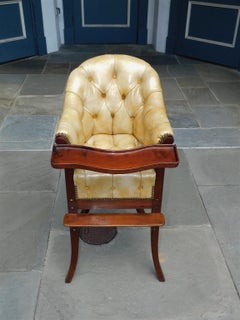 English Mahogany Leather Tufted High Chair with Tray and Splayed Legs, C. 1820