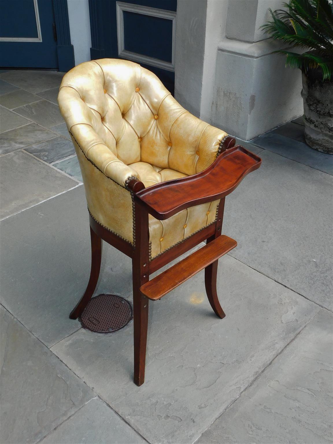 George III English Mahogany Leather Tufted High Chair with Tray and Splayed Legs, C. 1820 For Sale