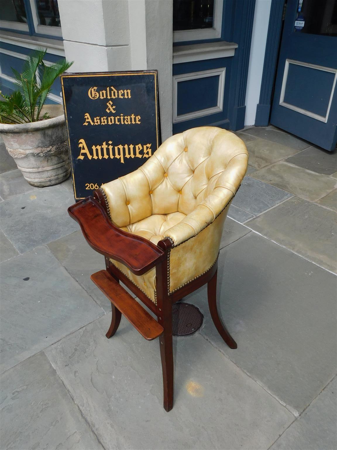 Hand-Carved English Mahogany Leather Tufted High Chair with Tray and Splayed Legs, C. 1820 For Sale