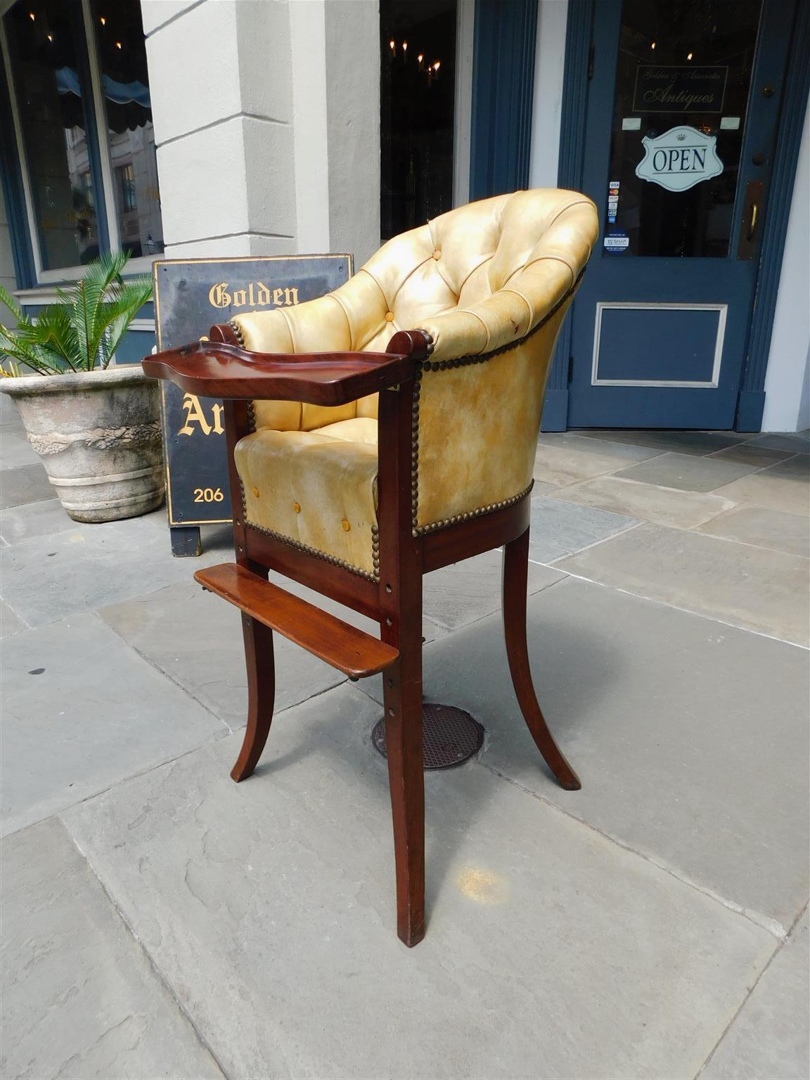 English Mahogany Leather Tufted High Chair with Tray and Splayed Legs, C. 1820 In Excellent Condition For Sale In Charleston, SC