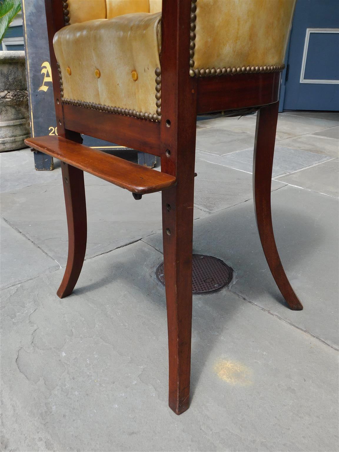 Early 19th Century English Mahogany Leather Tufted High Chair with Tray and Splayed Legs, C. 1820 For Sale
