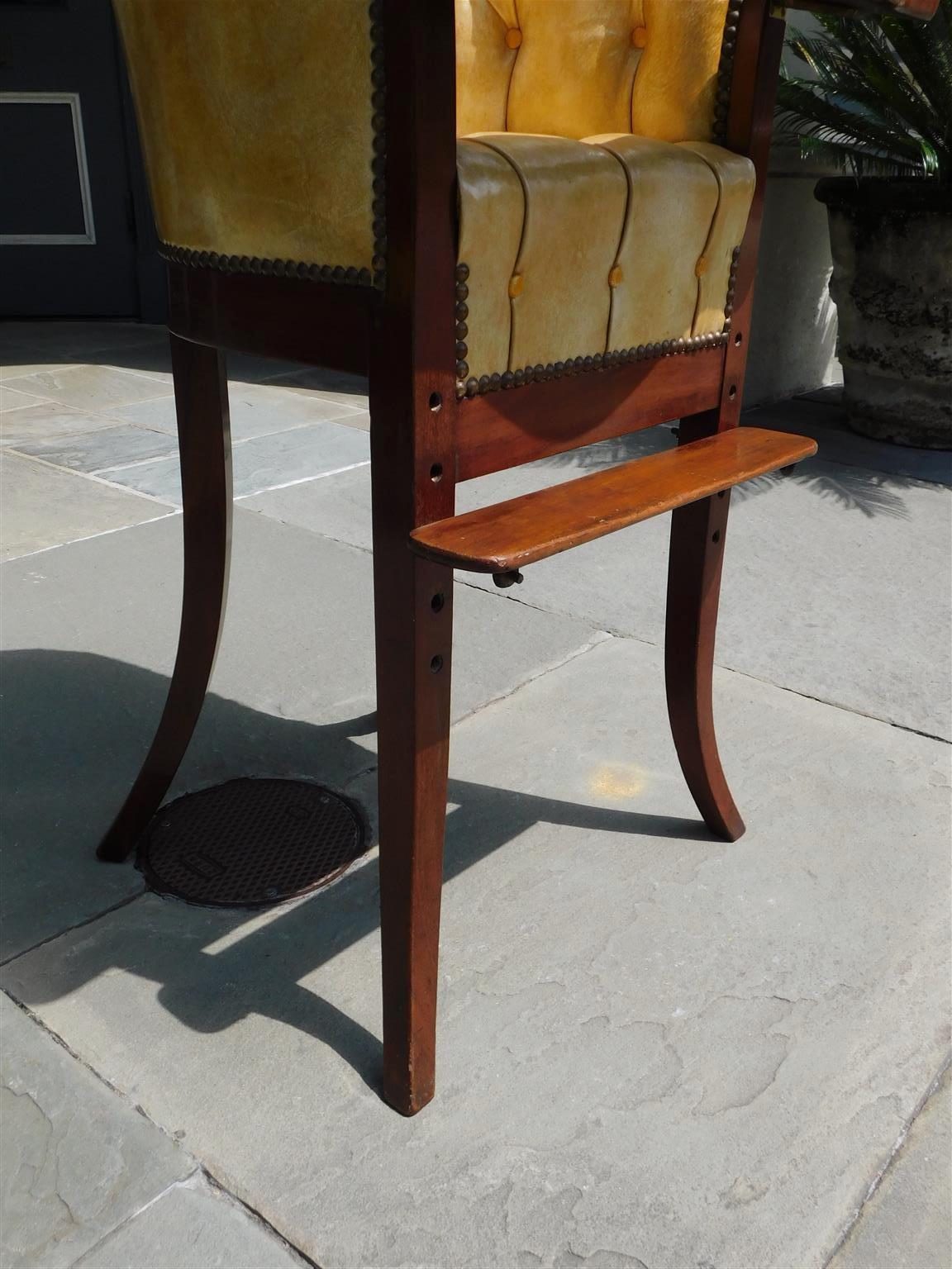 Brass English Mahogany Leather Tufted High Chair with Tray and Splayed Legs, C. 1820 For Sale